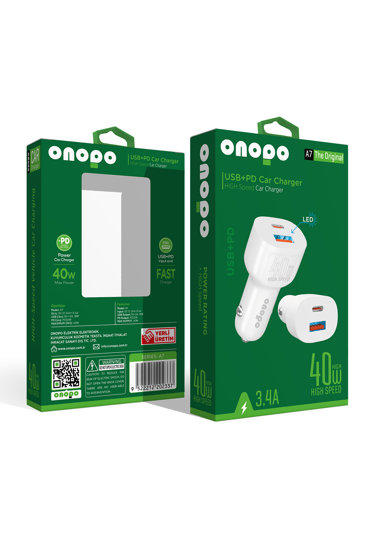 onopo 3.4A Type-C (PD) ve USB Girişli Led Işıklı Turbo Hızlı Araç Şarjı 40W - A7