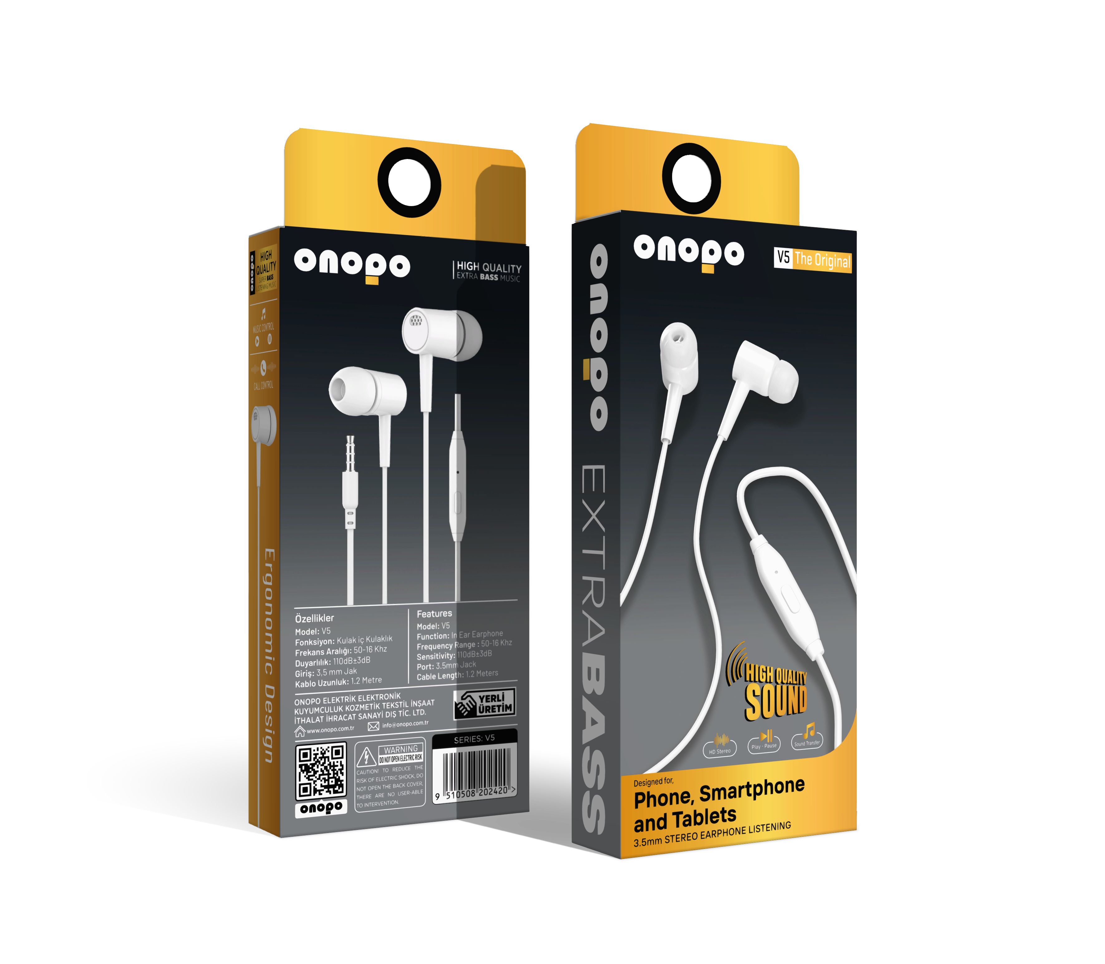 onopo Telefon ve Tablet Uyumlu 3.5MM Yüksek Ses Kaliteli Kablolu Kulaklık - V5