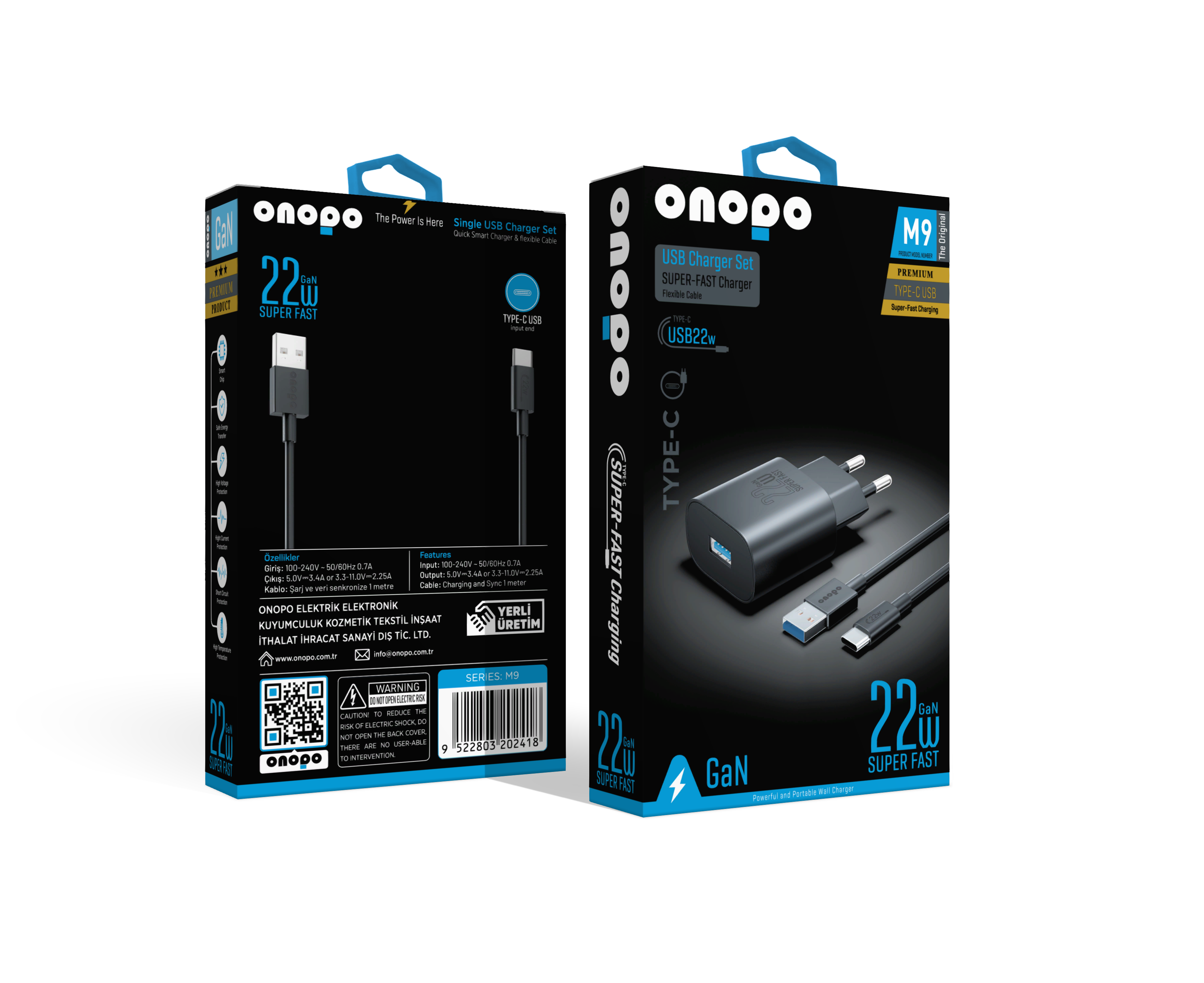 onopo 22w Usb Hızlı Şarj Aleti Seti Esnek Type-c Kablo - M9