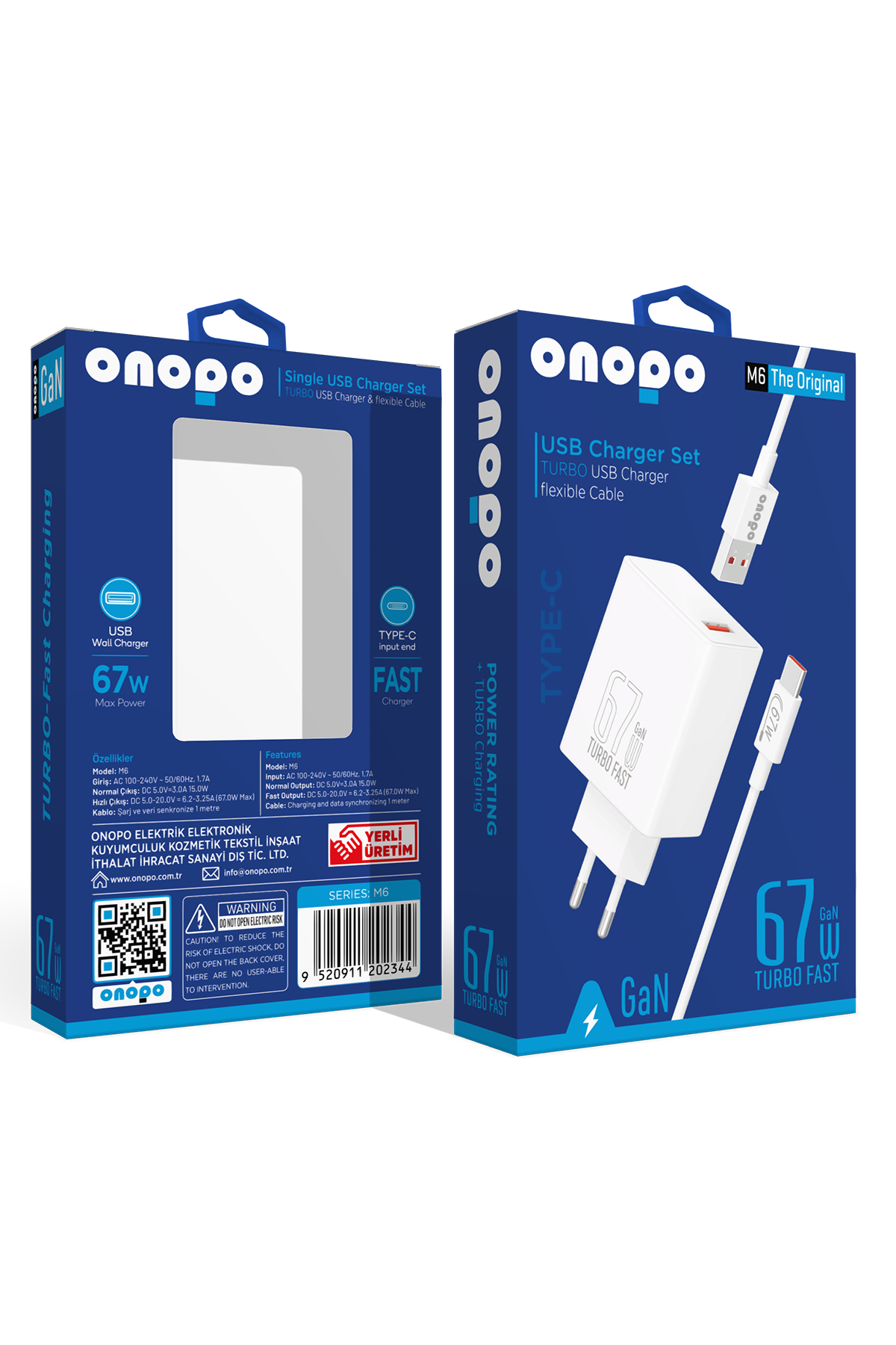 onopo 67w Usb Turbo Hızlı Şarj Aleti Seti Esnek Kablo Type-c - M6
