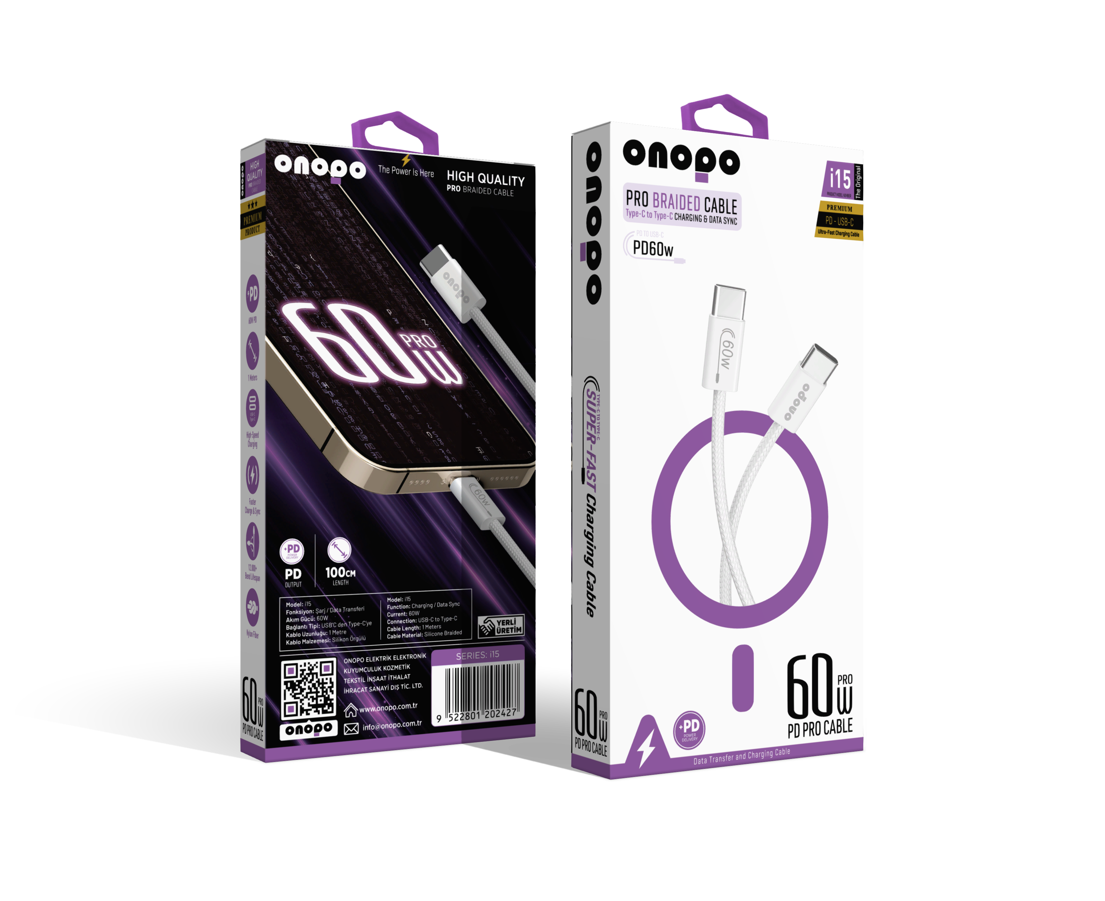 onopo Android Xiaomi Ve Samsung Uyumlu Pro Örgülü Kablo Type-c To Type-c Şarj Ve Data Kablosu 60w - I15