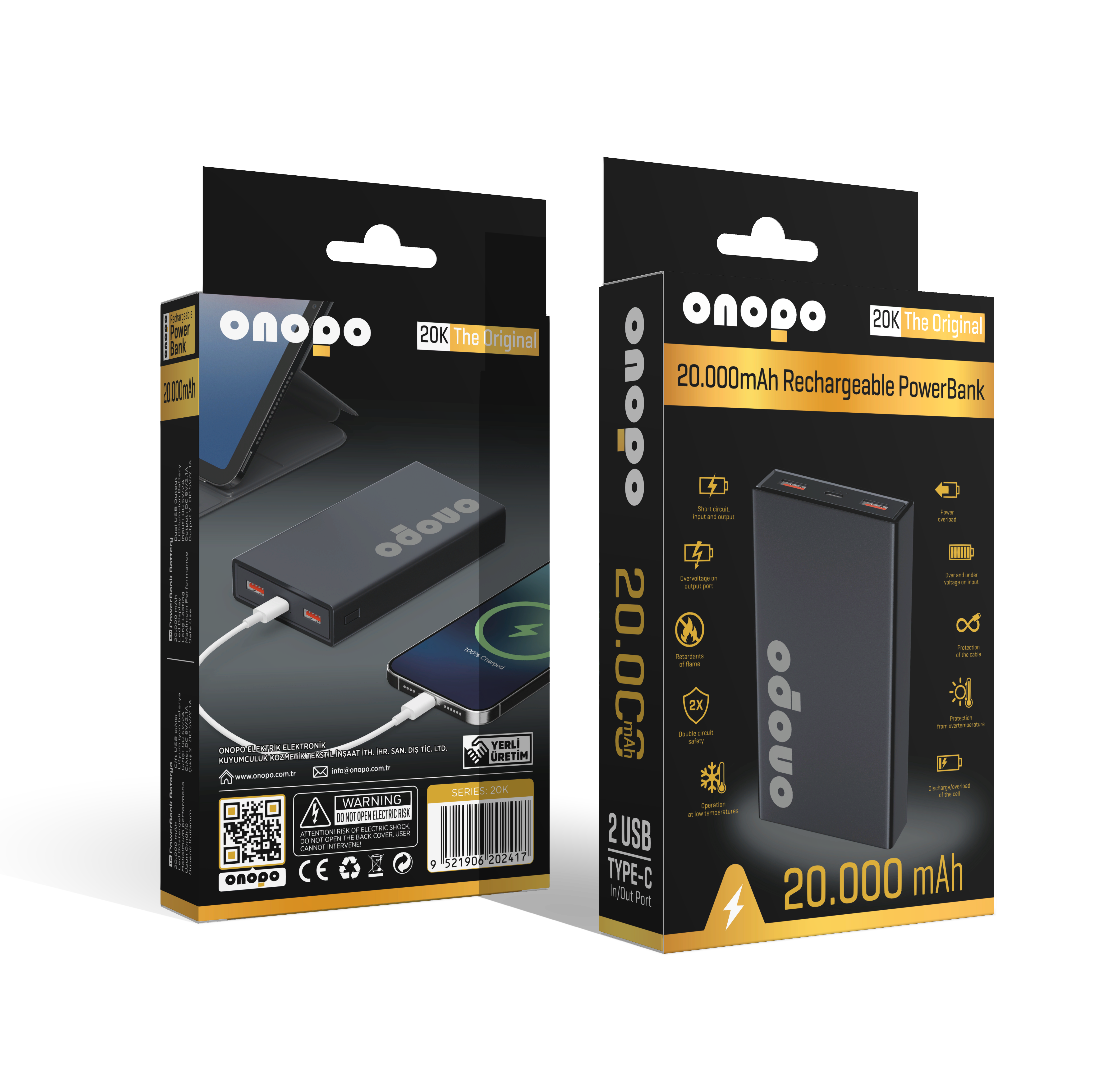 onopo 20000 mAh Şarj Adilebilir Led Göstergeli Taşınabilir Powerbank