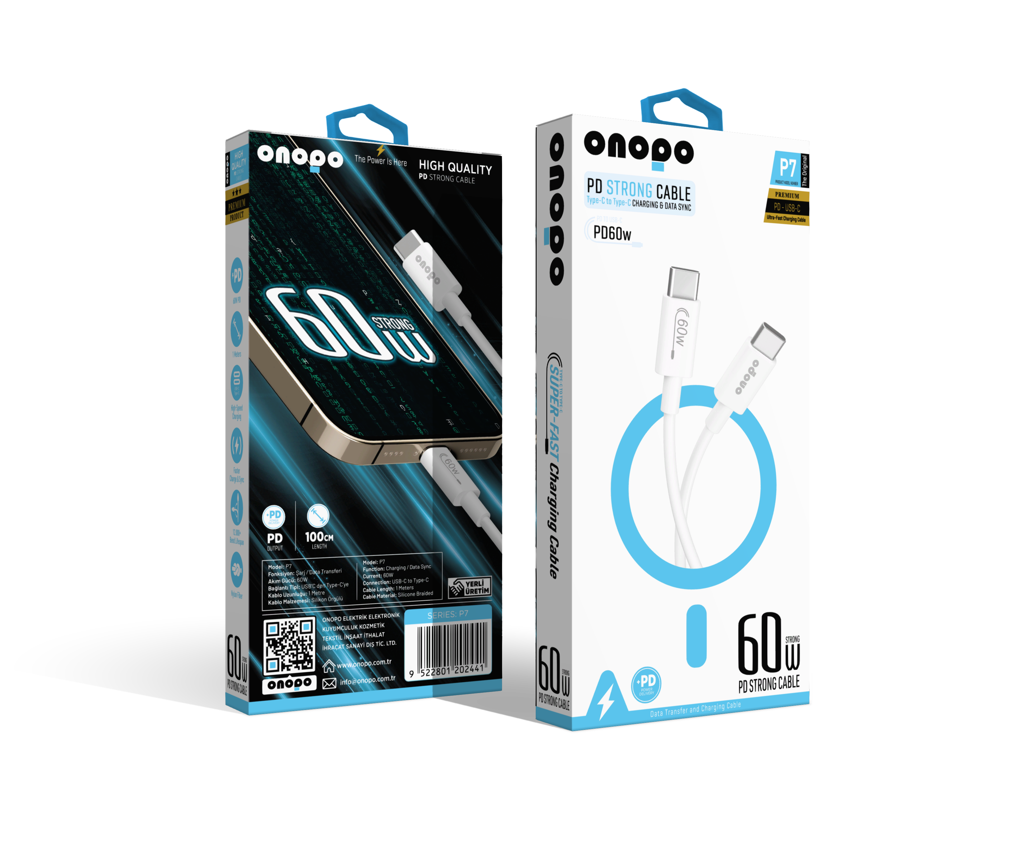 onopo Android Xiaomi Ve Samsung Uyumlu 60W PD Type-C to Type-C Hızlı Şarj ve Data Kablosu 1 Metre - P7