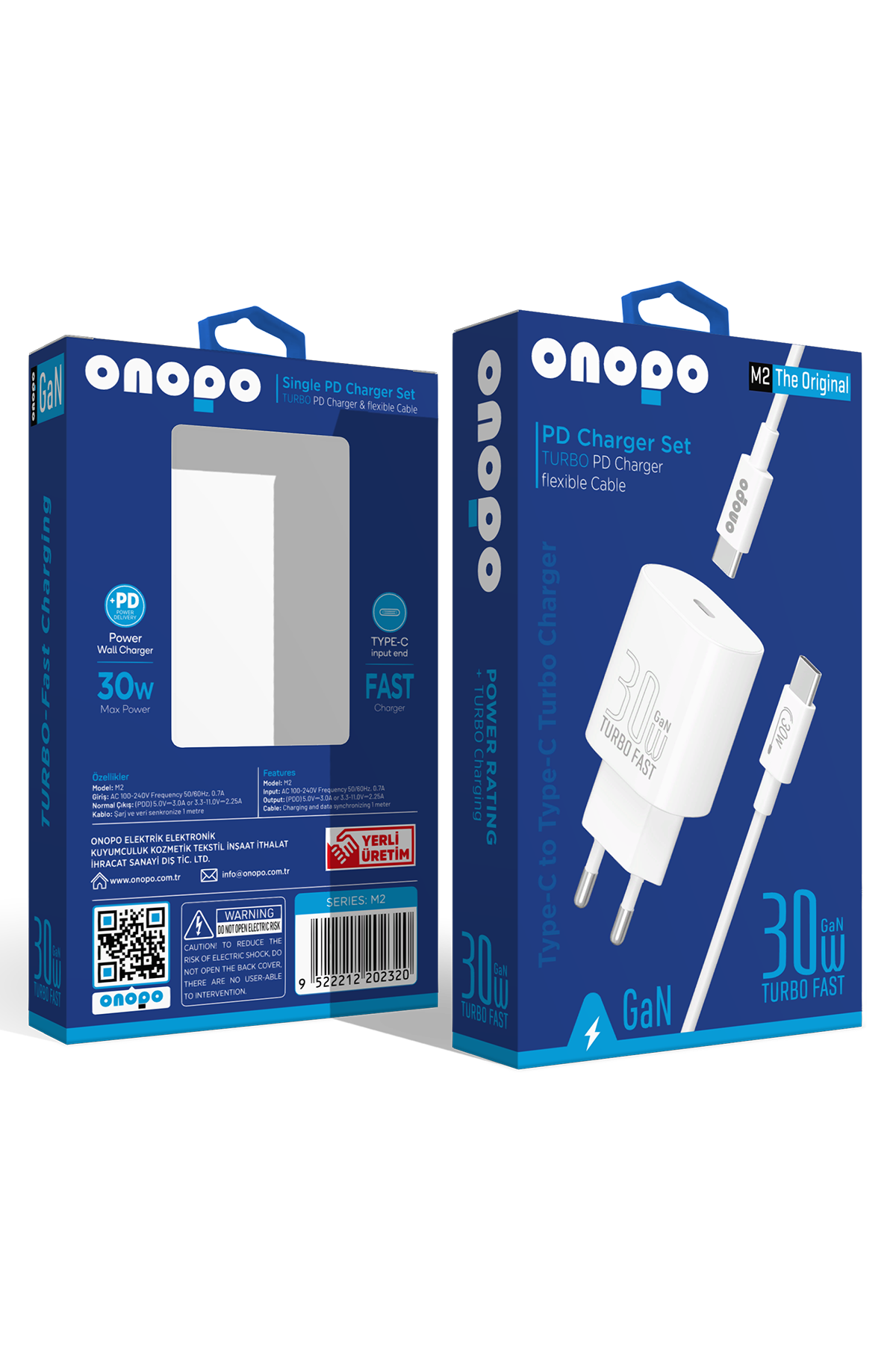 onopo 30W Turbo PD Type-C Hızlı Şarj Cihazı Adaptör + Şarj Kablosu - M2