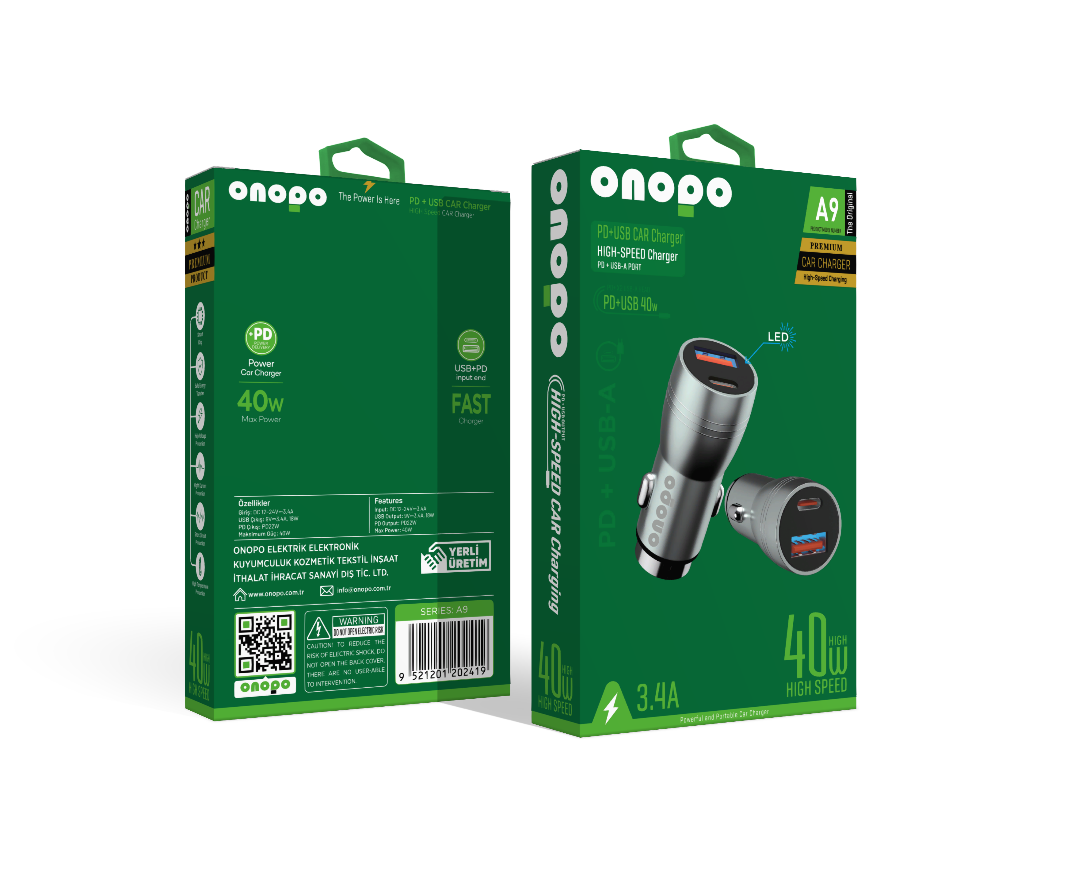 onopo 3.4A Çift USB + Type Çıkışlı Metal Hızlı Araç Şarjı 40W - A9