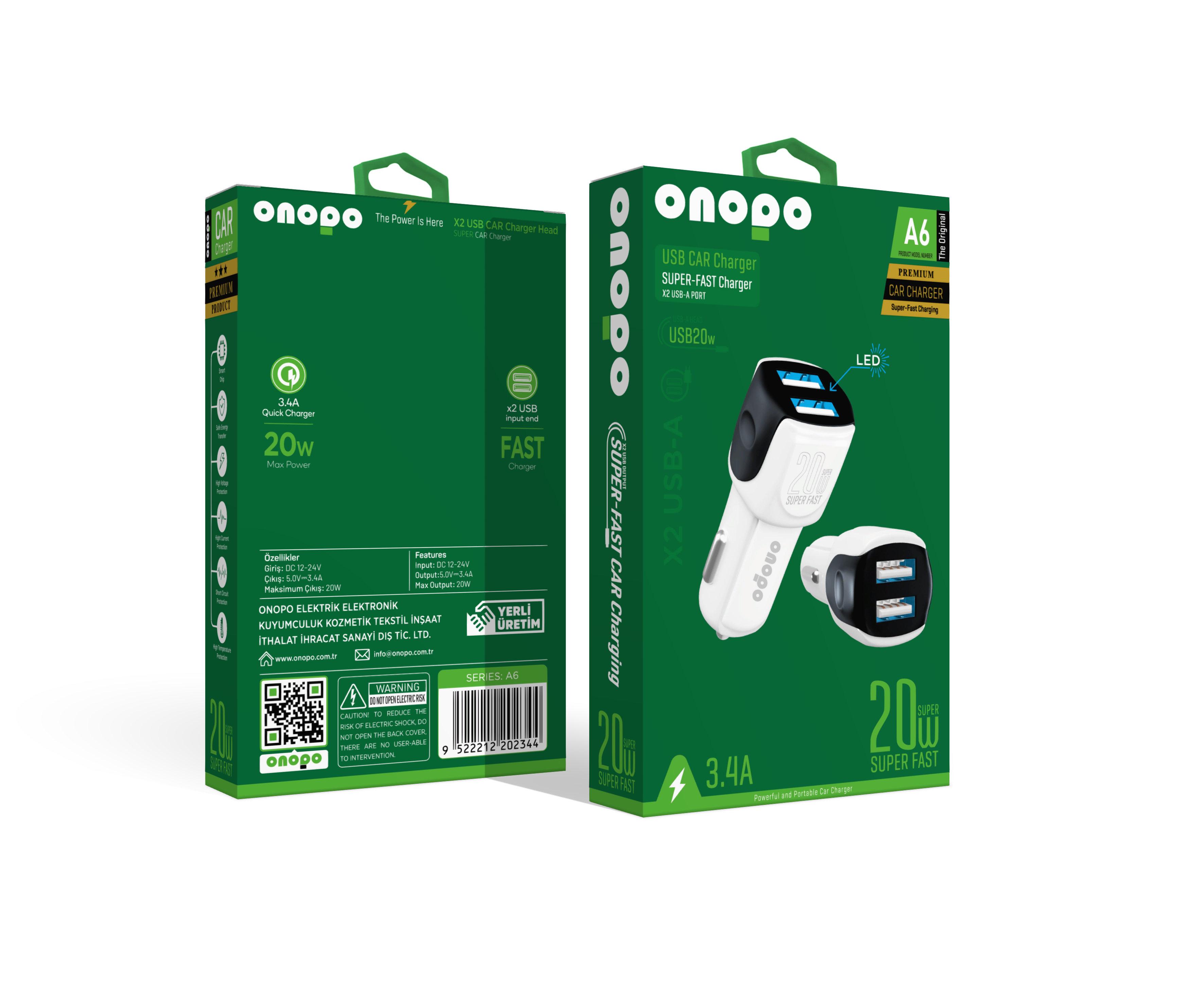 onopo 3.4A Çift USB Çıkışlı Hızlı Araç Şarjı 20W - A6