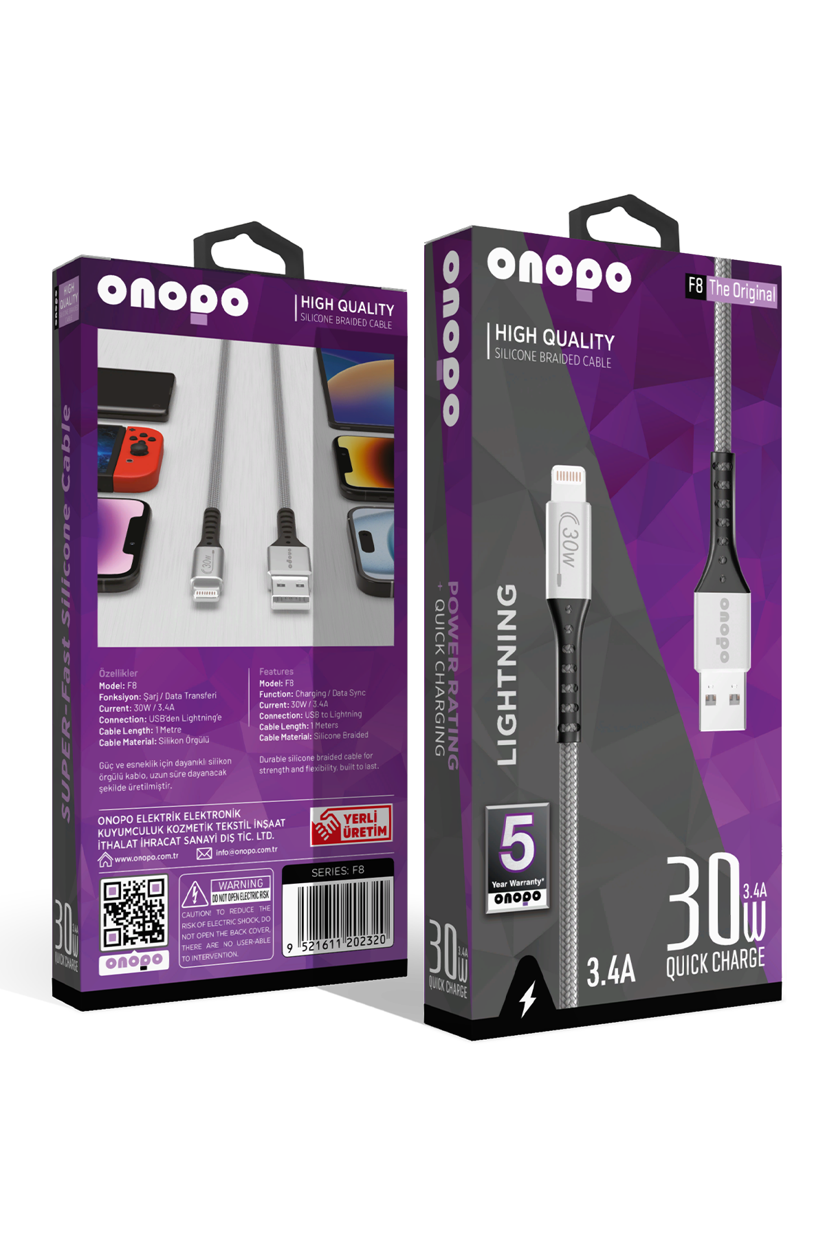 Onopo İphone Apple Uyumlu 3.4A Lightning Apple Örgülü Hızlı Şarj ve Data Kablosu 30W Metal Uçlu ( 5 Yıl Garanti Güvencesiyle )-F8
