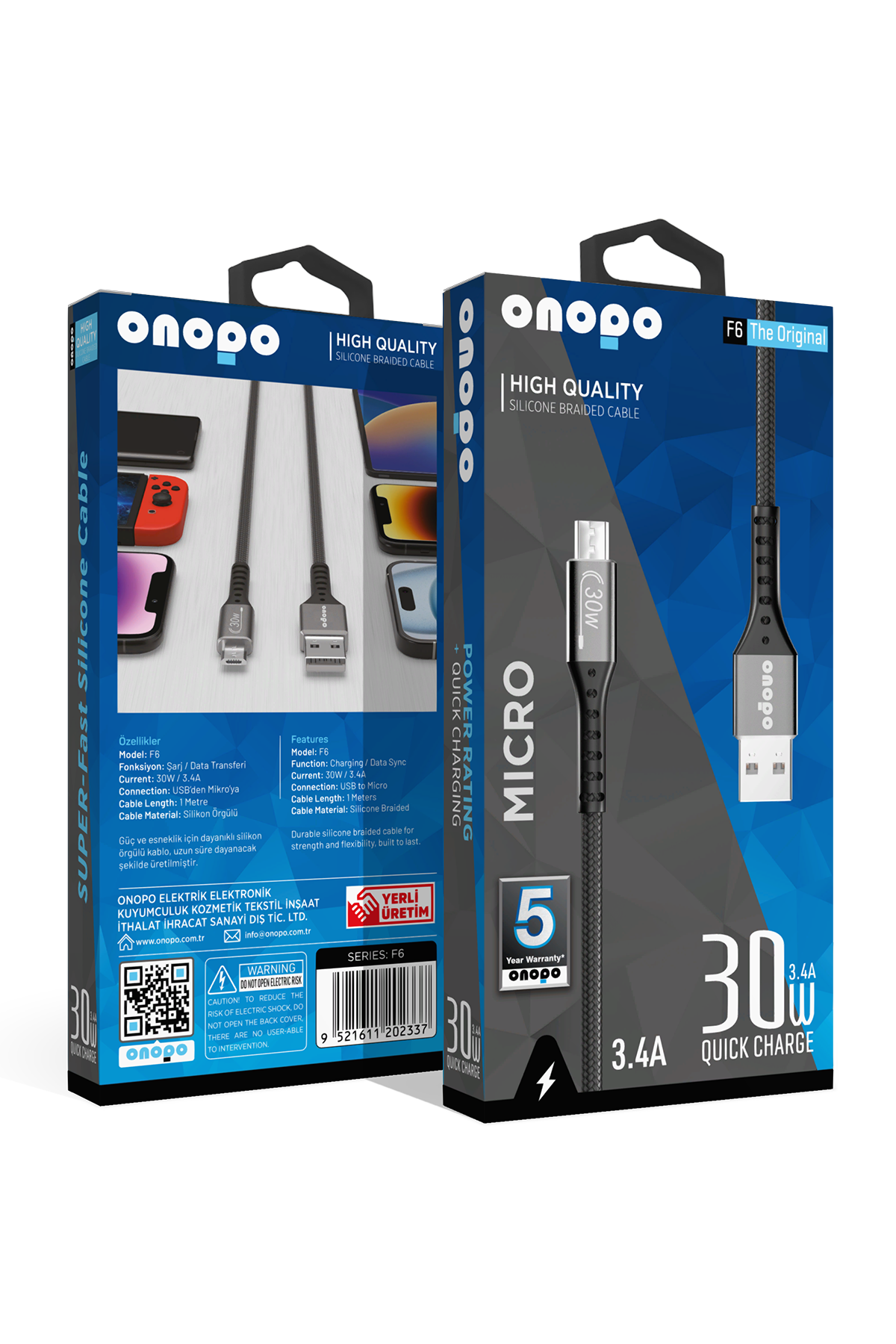 Onopo Android Xiaomi Ve Samsung Uyumlu 3.4A Micro Örgülü Hızlı Şarj ve Data Kablosu 30W Metal Uçlu ( 5 Yıl Garanti Güvencesiyle )- F6