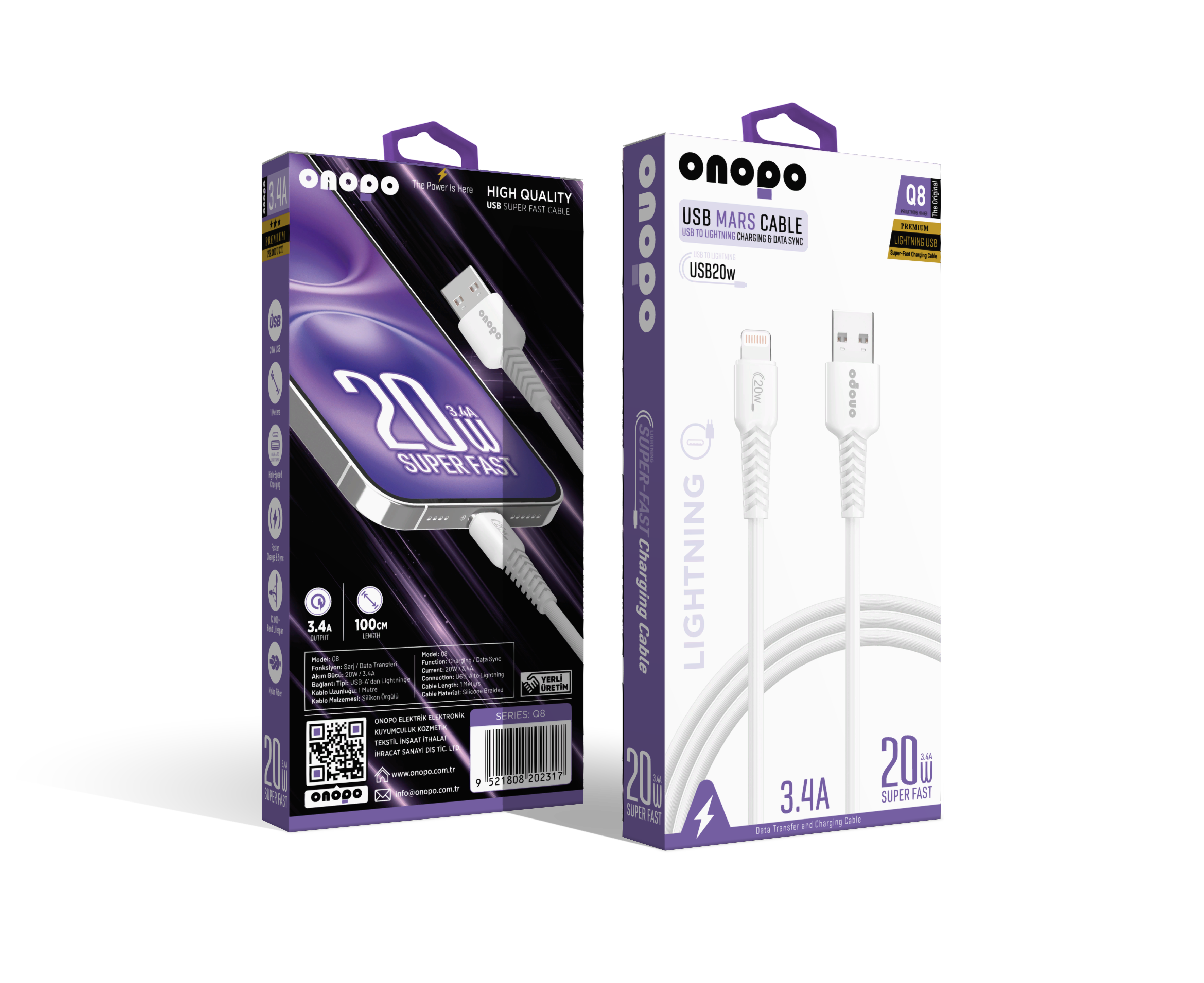 onopo İphone Apple Uyumlu Lightning To USB Kablo 3.4A Uyumlu Hızlı Şarj ve Data Kablosu 1M - Q8