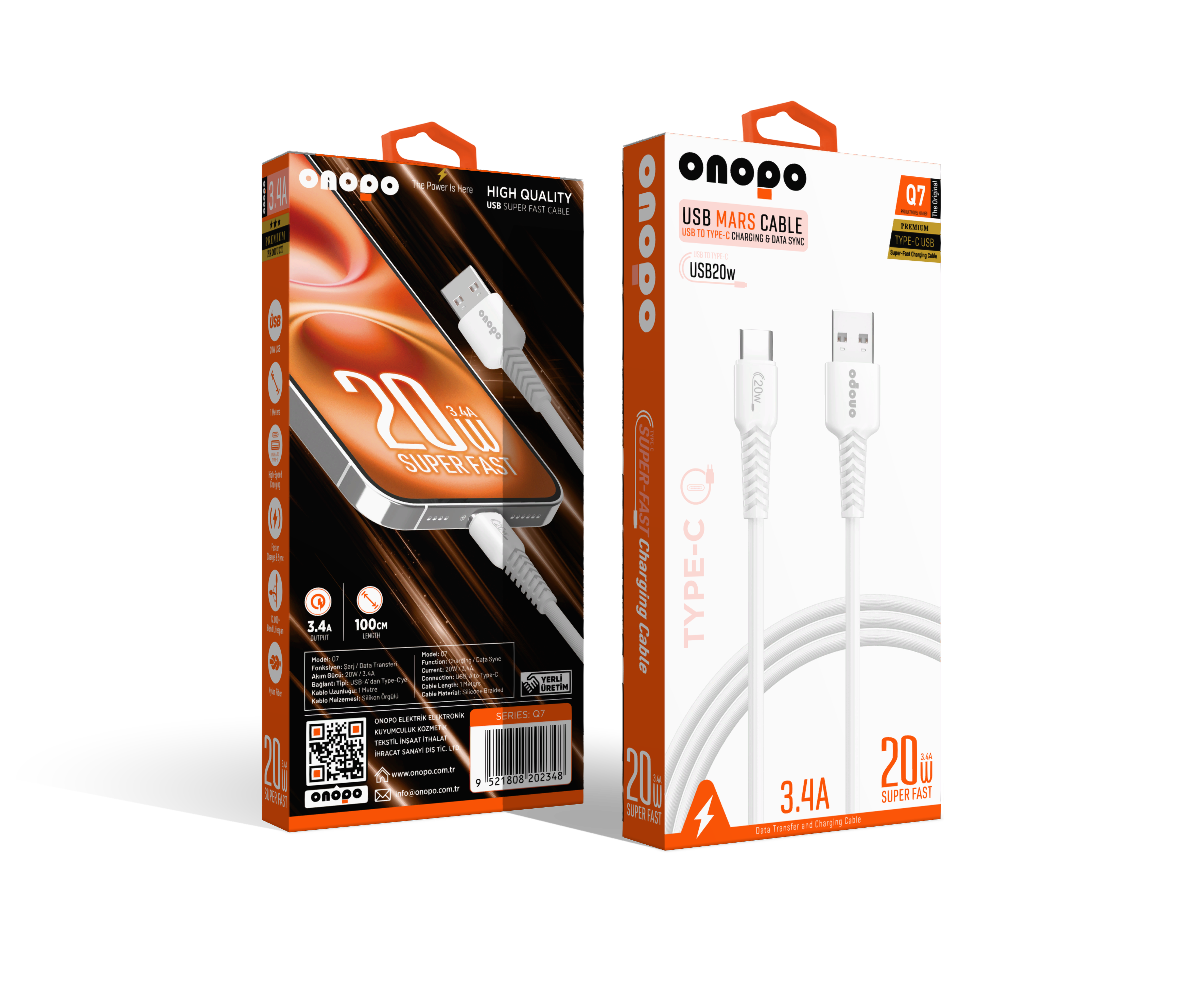 onopo Android Xiaomi Ve Samsung Uyumlu Type-C To USB Kablo 3.4A Uyumlu Hızlı Şarj ve Data Kablosu 1M - Q7