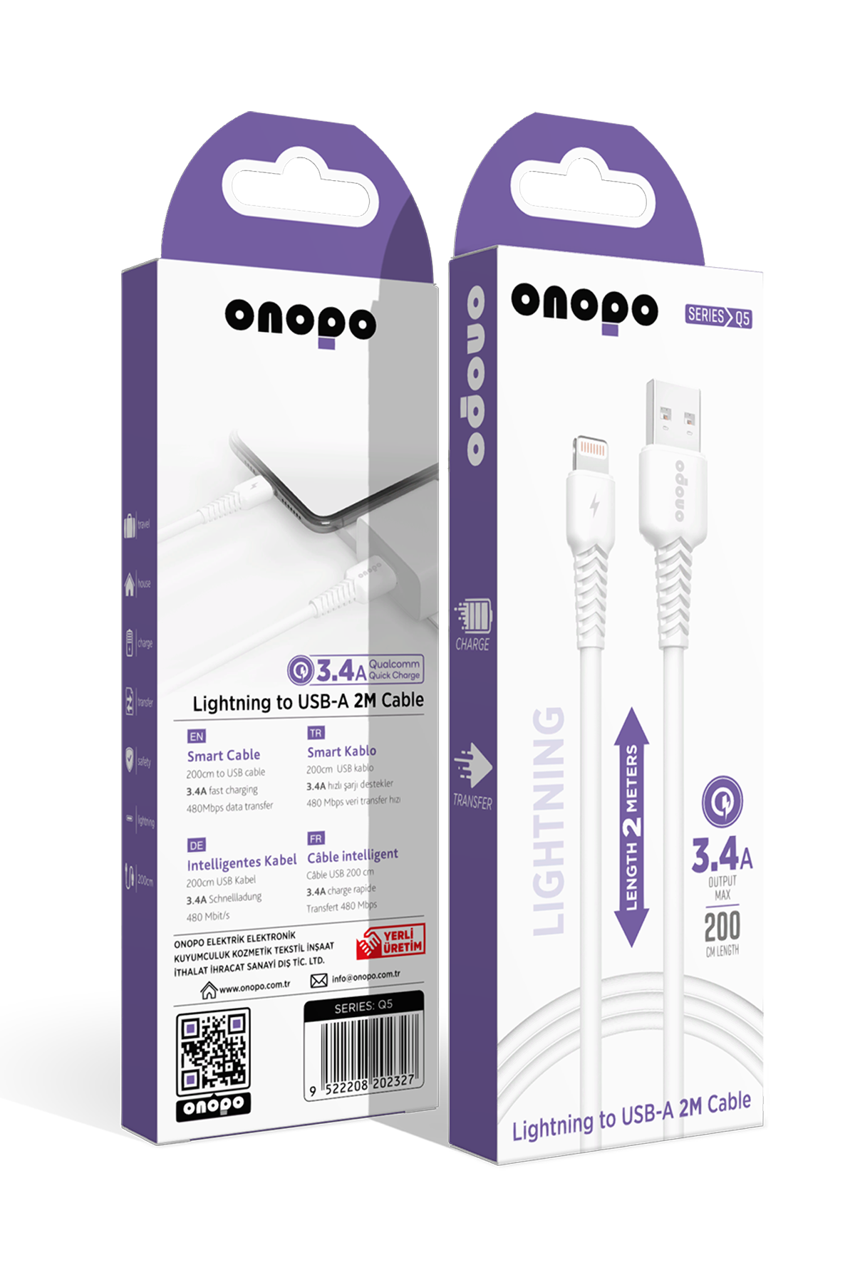 onopo İphone Apple Uyumlu Lightning To Usb Kablo 3.4a Uyumlu Hızlı Şarj Ve Data Kablosu 2m - Q5