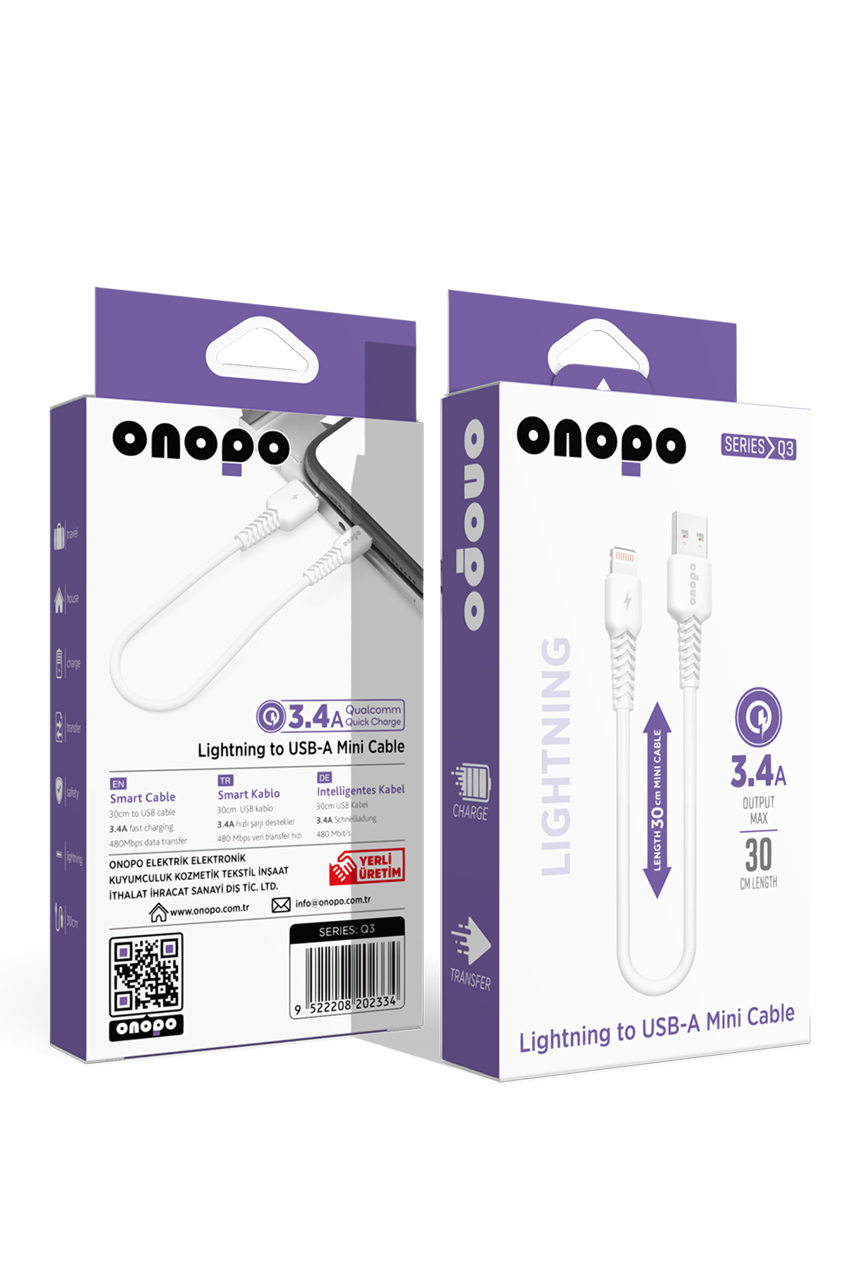 onopo İphone Apple Uyumlu Lightning To USB Mini Kablo 3.4A Hızlı Şarj ve Data Kablosu 30CM - Q3