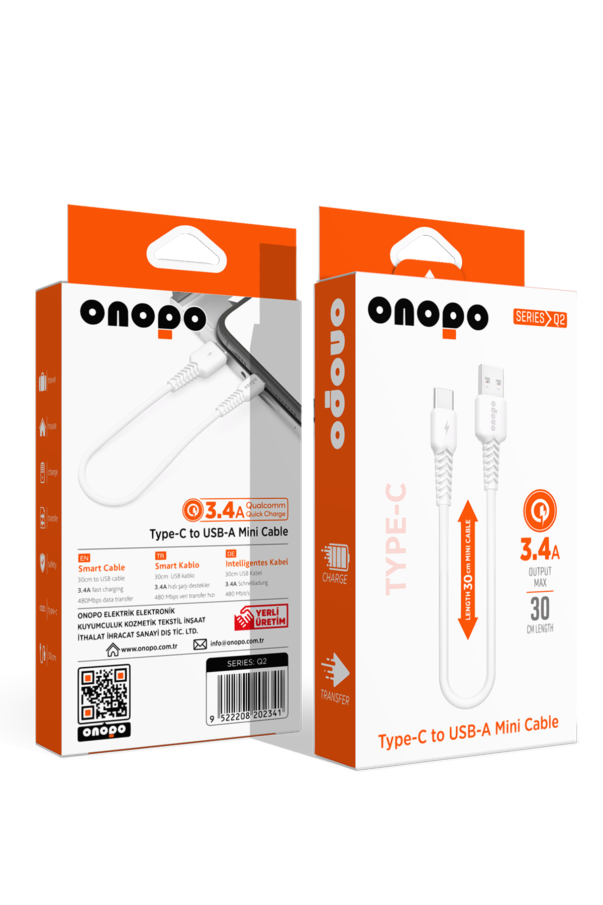 onopo Android Xiaomi Ve Samsung Uyumlu Type-C To USB Mini Kablo 3.4A Hızlı Şarj ve Data Kablosu 30cm- Q2