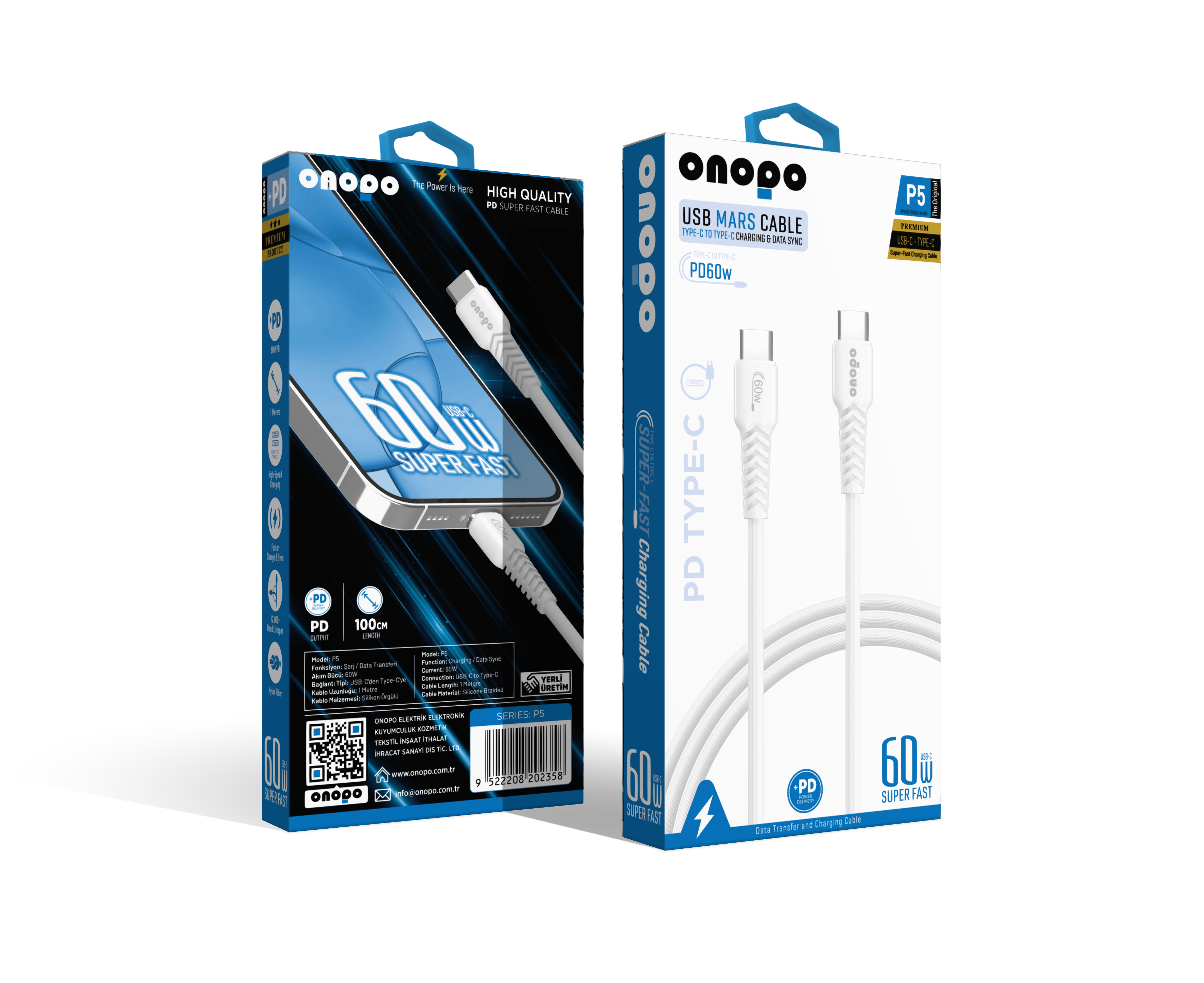 onopo Android Xiaomi Ve Samsung Uyumlu Type-C To Type-C Pd 25W Hızlı Şarj ve Data Kablosu 100CM - P5