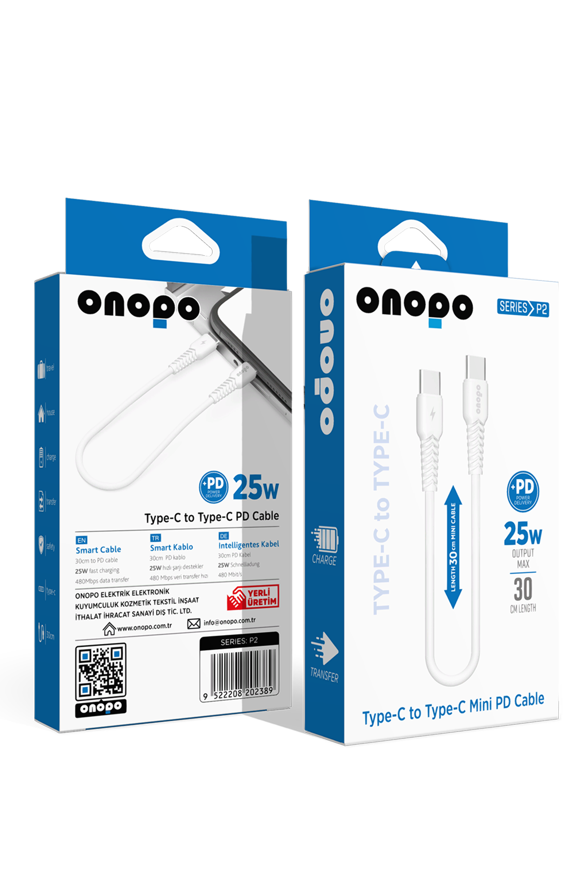 onopo Android Xiaomi Ve Samsung Uyumlu Type-C To Type-C Mini Pd 25W Hızlı Şarj ve Data Kablosu 30CM - P2