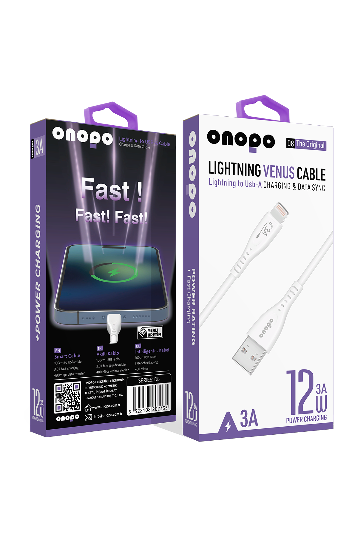 onopo İphone Apple Uyumlu Lightning Usb Hızlı Şarj Ve Data Kablosu 3.0a / 1mt - D8