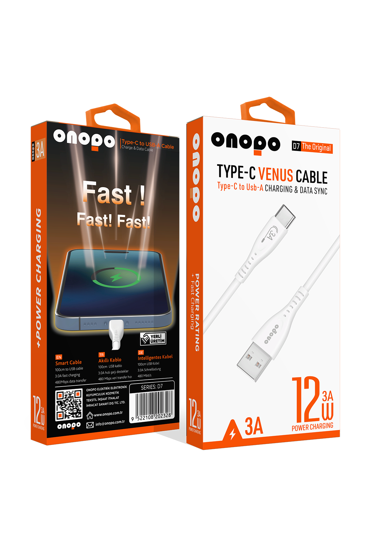 onopo Android Xiaomi Ve Samsung Uyumlu Type-C Usb Hızlı Şarj ve Data Kablosu 3.0A / 1MT - D7