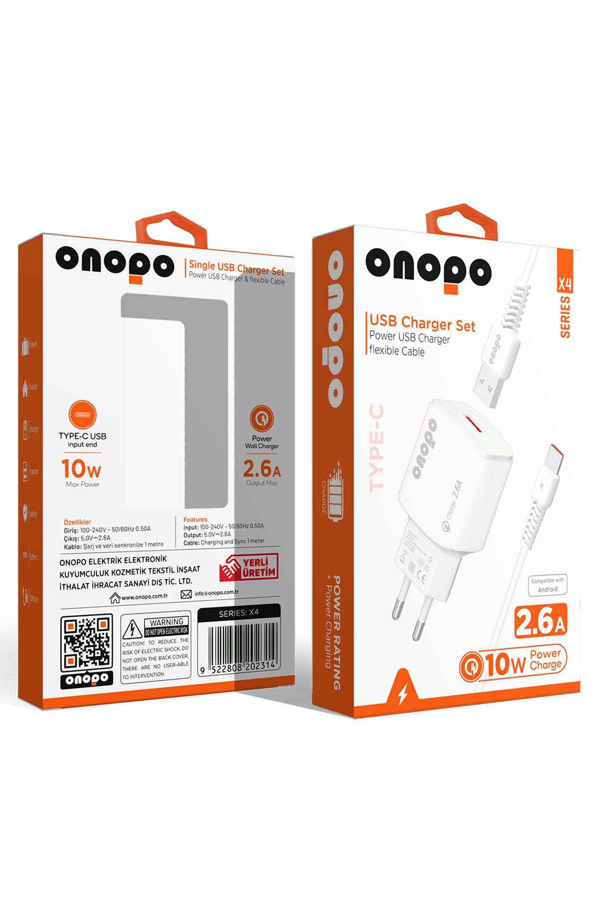 Onopo Android Xiaomi ve Samsung Uyumlu Hızlı Şarj Type-C USB 2.6A Hızlı Şarj Cihazı 10W - X4