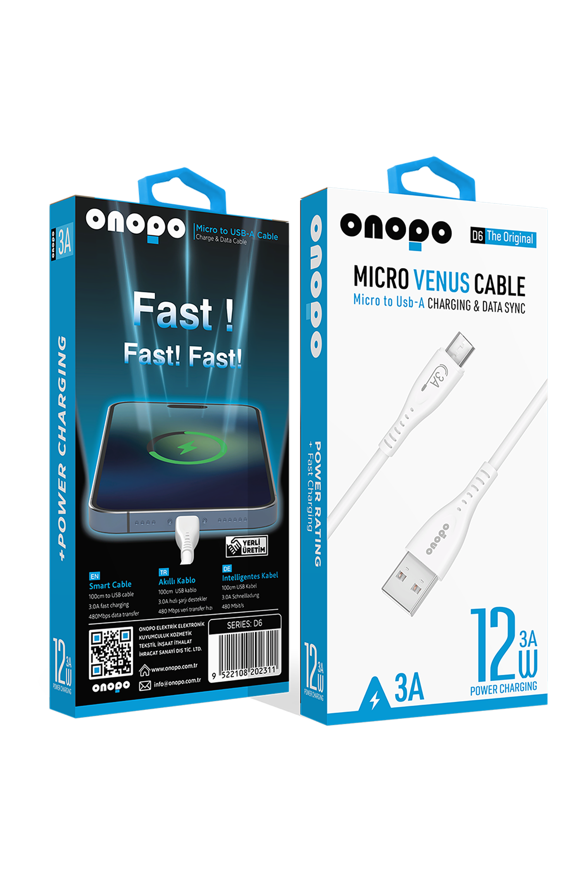 onopo Android Xiaomi Ve Samsung Uyumlu Micro Usb Hızlı Şarj ve Data Kablosu 3.0A / 1MT - D6