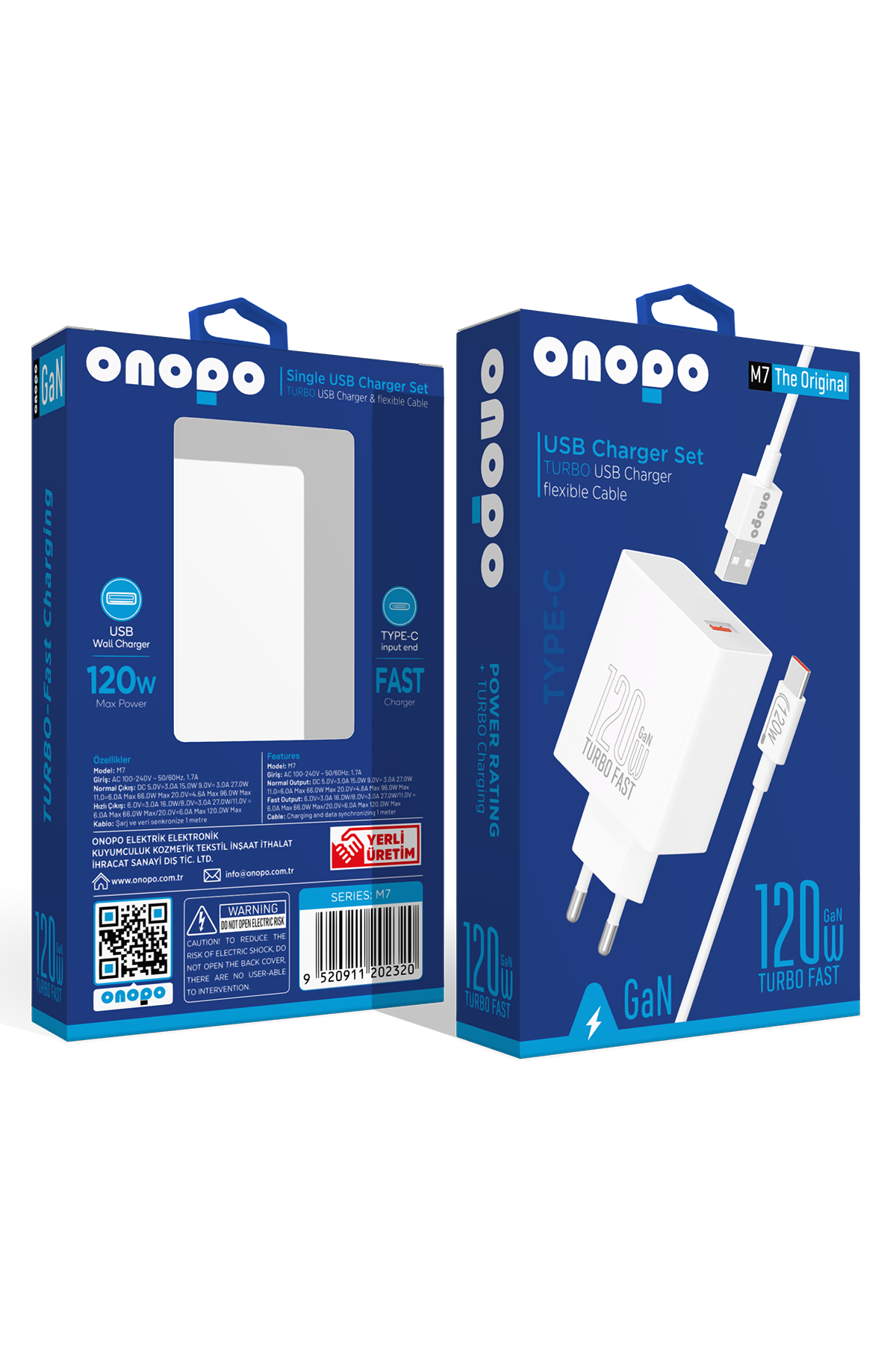 Onopo 120W USB Turbo Hızlı Şarj Aleti Seti Esnek Kablo Type-C - M7