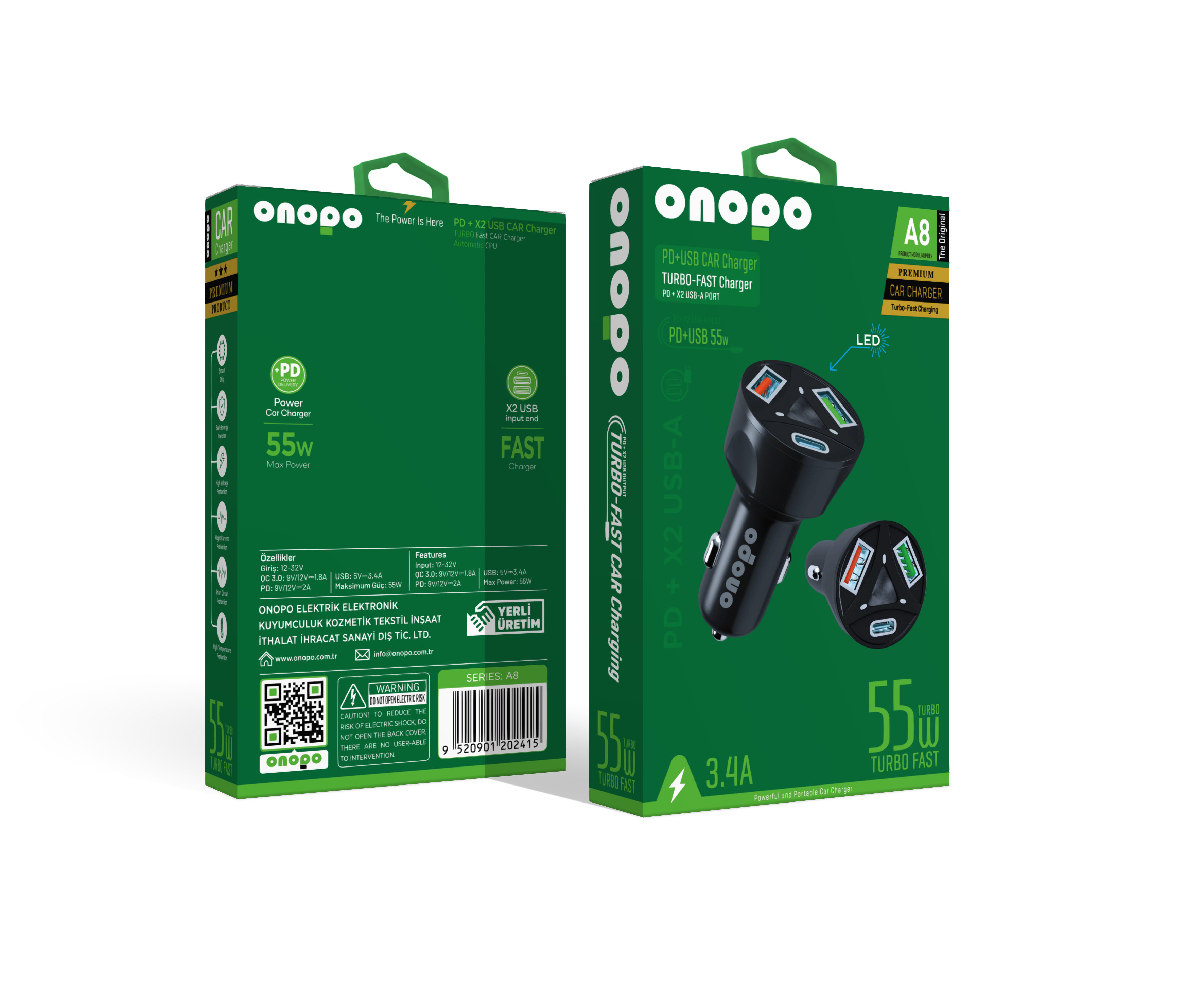 onopo 3.4A Type-C (PD) ve Çift USB Girişli Turbo Hızlı Araç Şarjı 55W - A8