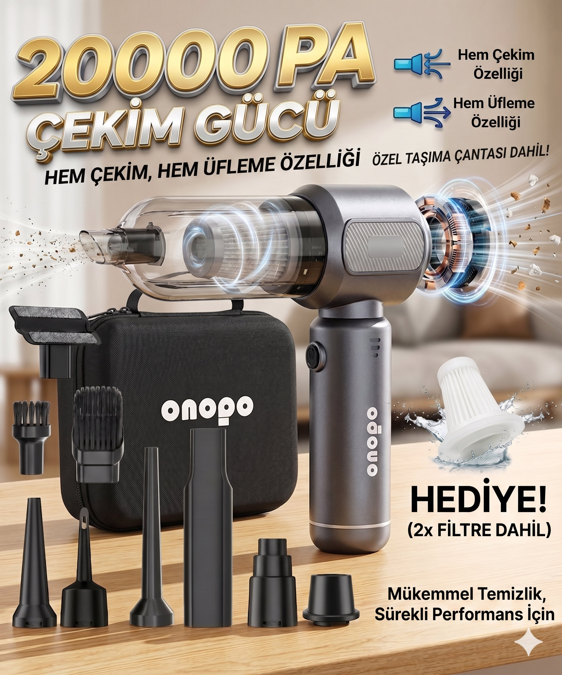 Onopo Power 20000PA 3’ü 1 Arada Şarjlı El Süpürgesi Çantalı – Yüksek Emiş Gücü, Uzun Çalışma Süresi