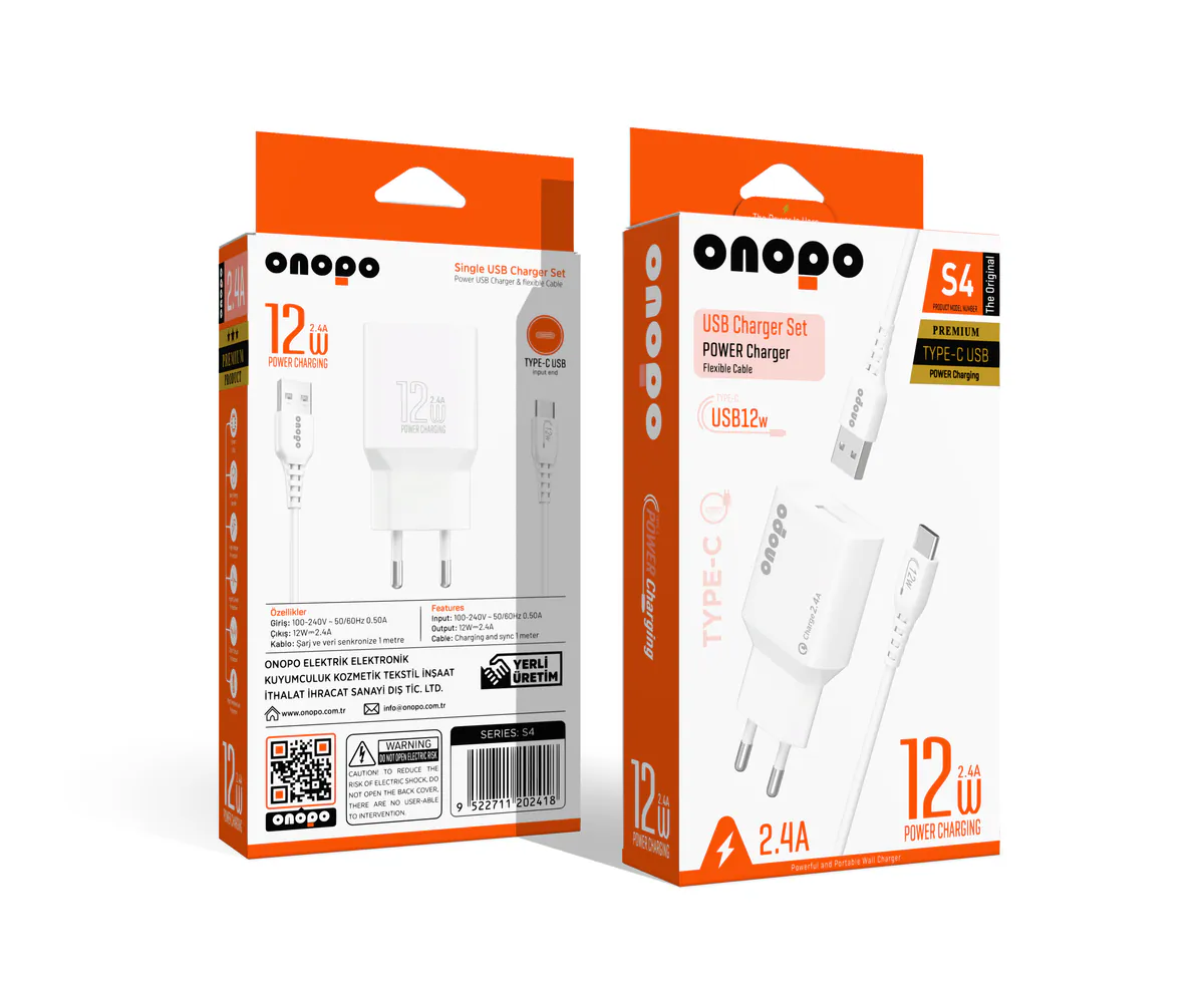 Onopo Android Xiaomi ve Samsung Uyumlu Type-C USB 2.4A Şarj Cihazı 12W - S4 - görsel 1