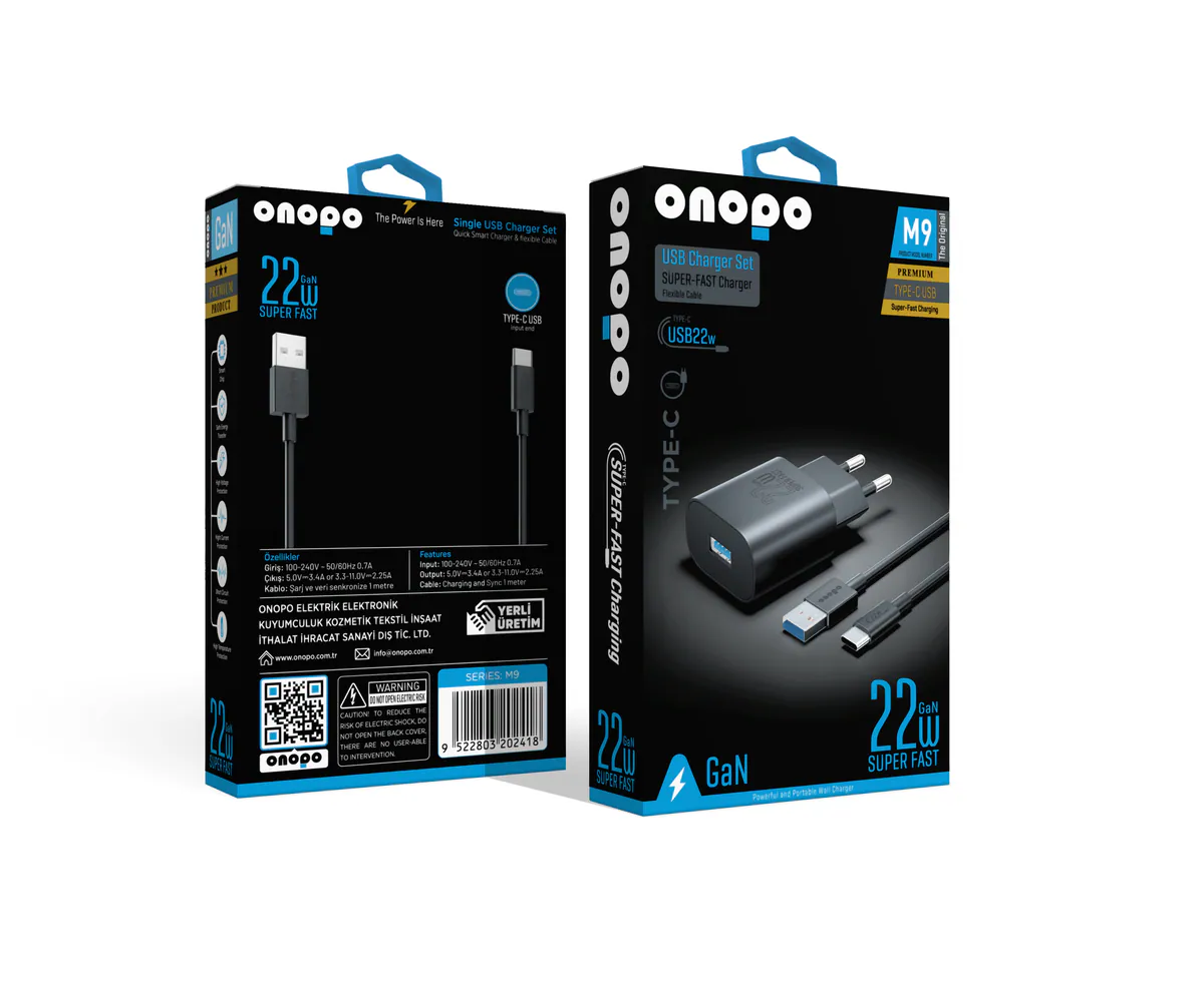 Onopo 22W USB Hızlı Şarj Aleti Seti Esnek Type-C Kablo - M9 - görsel 1
