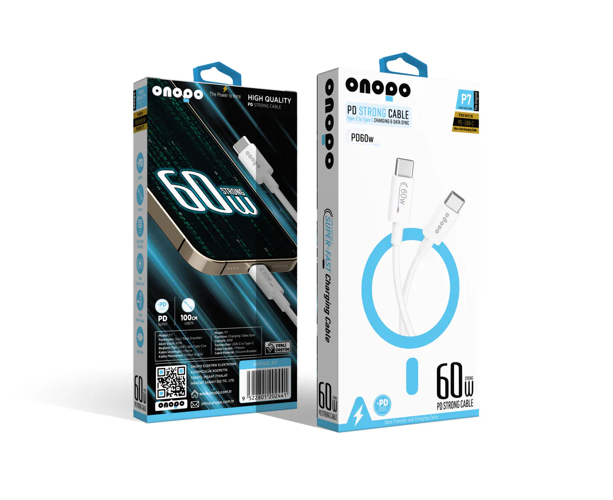 Onopo Android Xiaomi ve Samsung Uyumlu 60W PD Type-C to Type-C Hızlı Şarj ve Data Kablosu 1 Metre - P7 - görsel 1