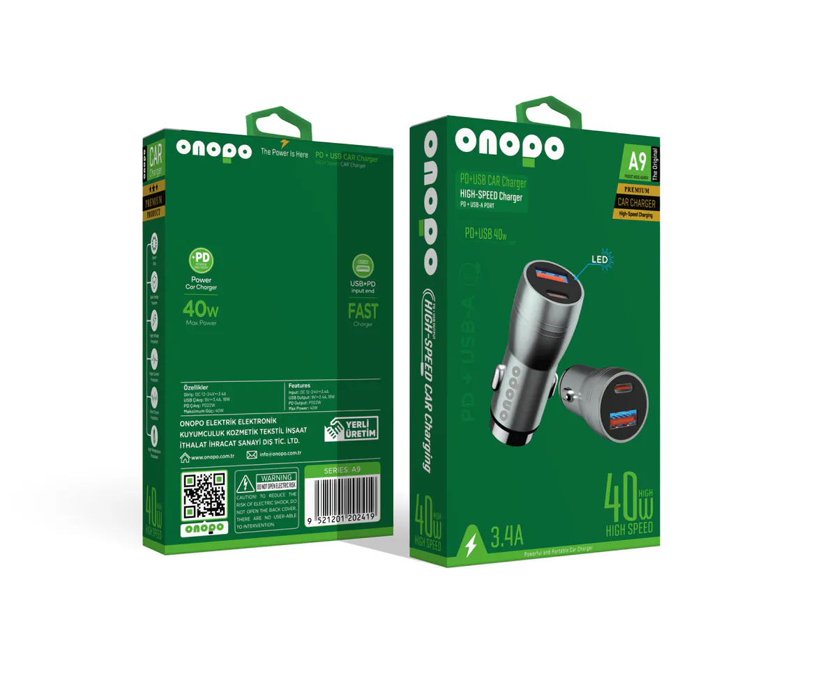 Onopo 3.4A Çift USB + Type-C Çıkışlı Metal Hızlı Araç Şarjı 40W - A9 - görsel 1