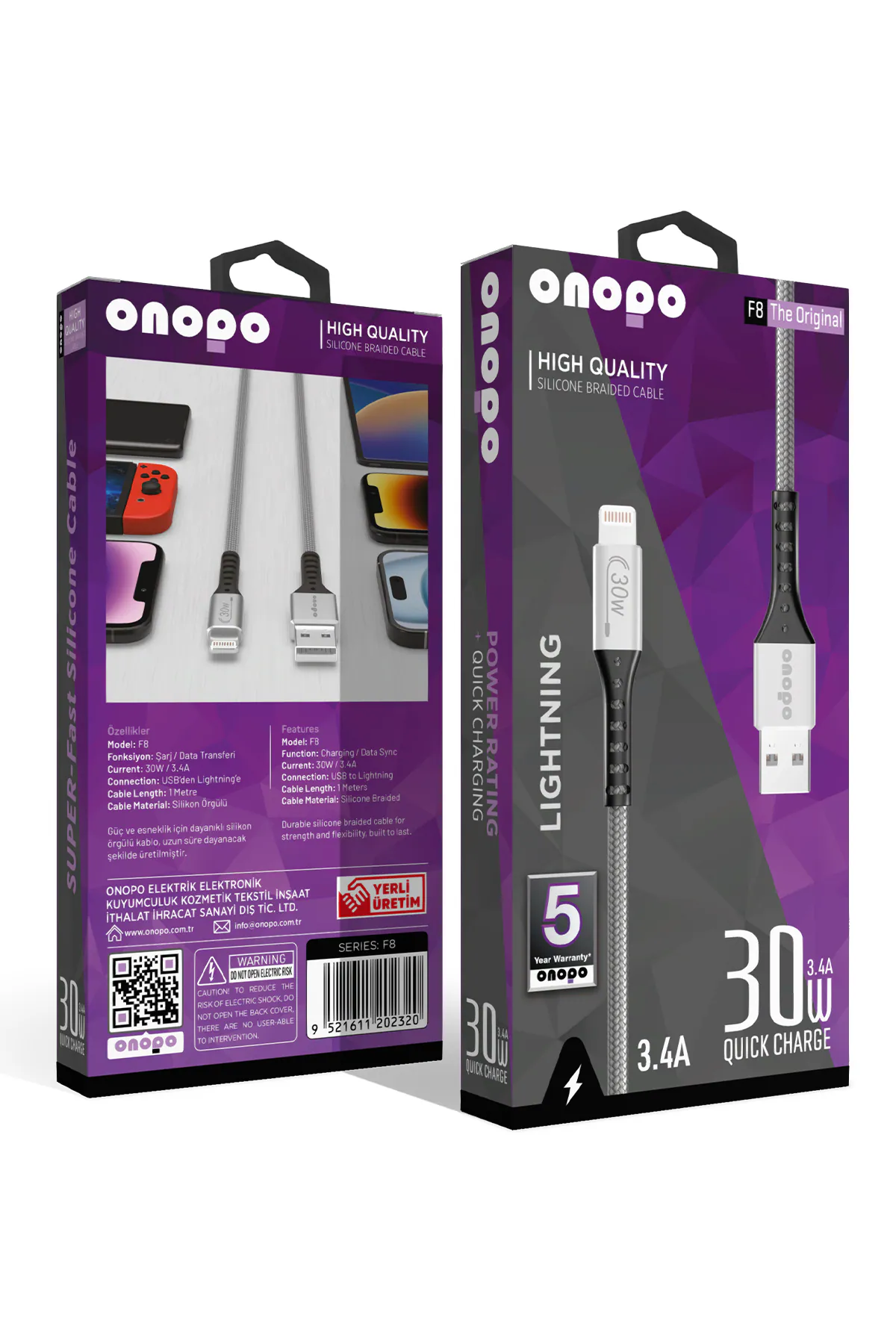 Onopo iPhone Apple Uyumlu 3.4A Lightning Apple Örgülü Hızlı Şarj ve Data Kablosu 30W Metal Uçlu (5 Yıl Garanti Güvencesiyle) - F8 - görsel 1