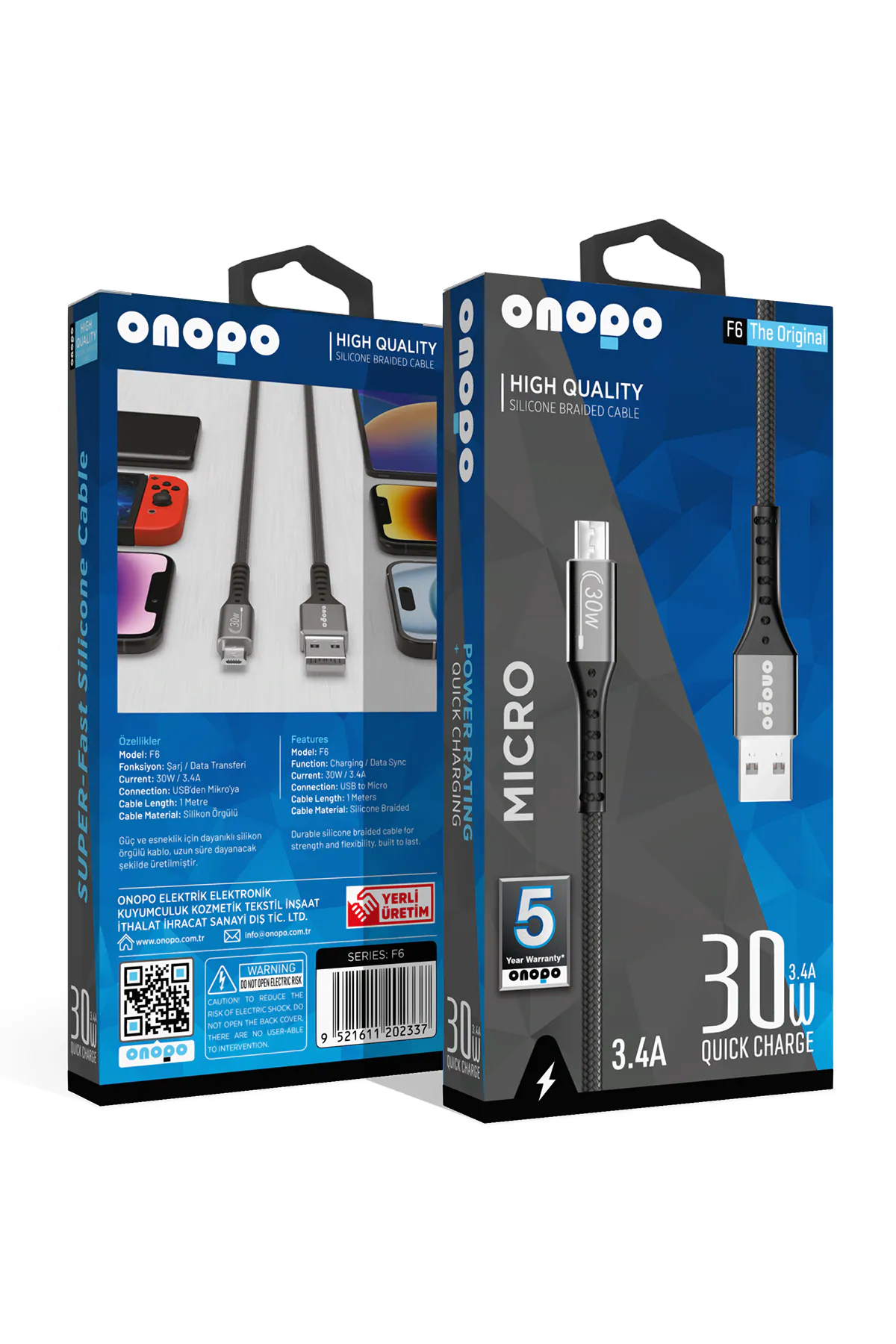 Onopo Android Xiaomi ve Samsung Uyumlu 3.4A Micro Örgülü Hızlı Şarj ve Data Kablosu 30W Metal Uçlu (5 Yıl Garanti Güvencesiyle) - F6 - görsel 1