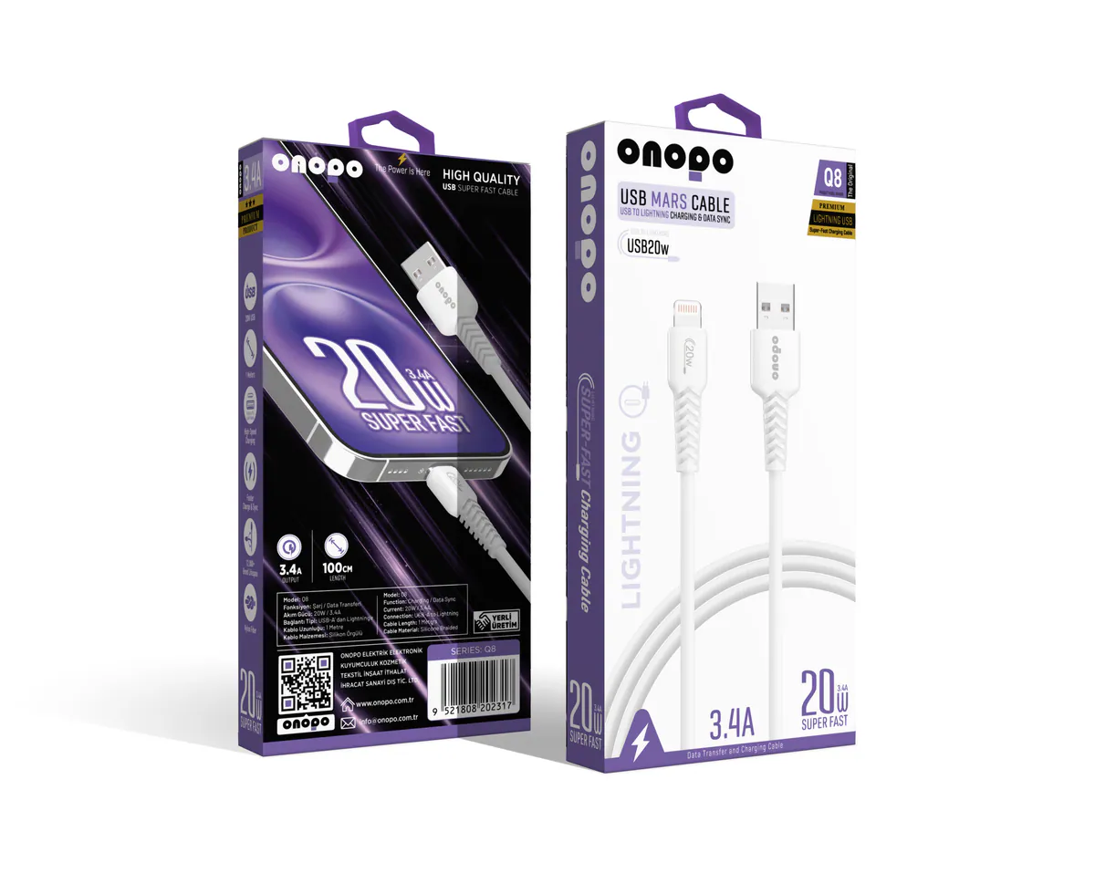 Onopo iPhone Apple Uyumlu Lightning to USB Kablo 3.4A Uyumlu Hızlı Şarj ve Data Kablosu 1M - Q8 - görsel 1