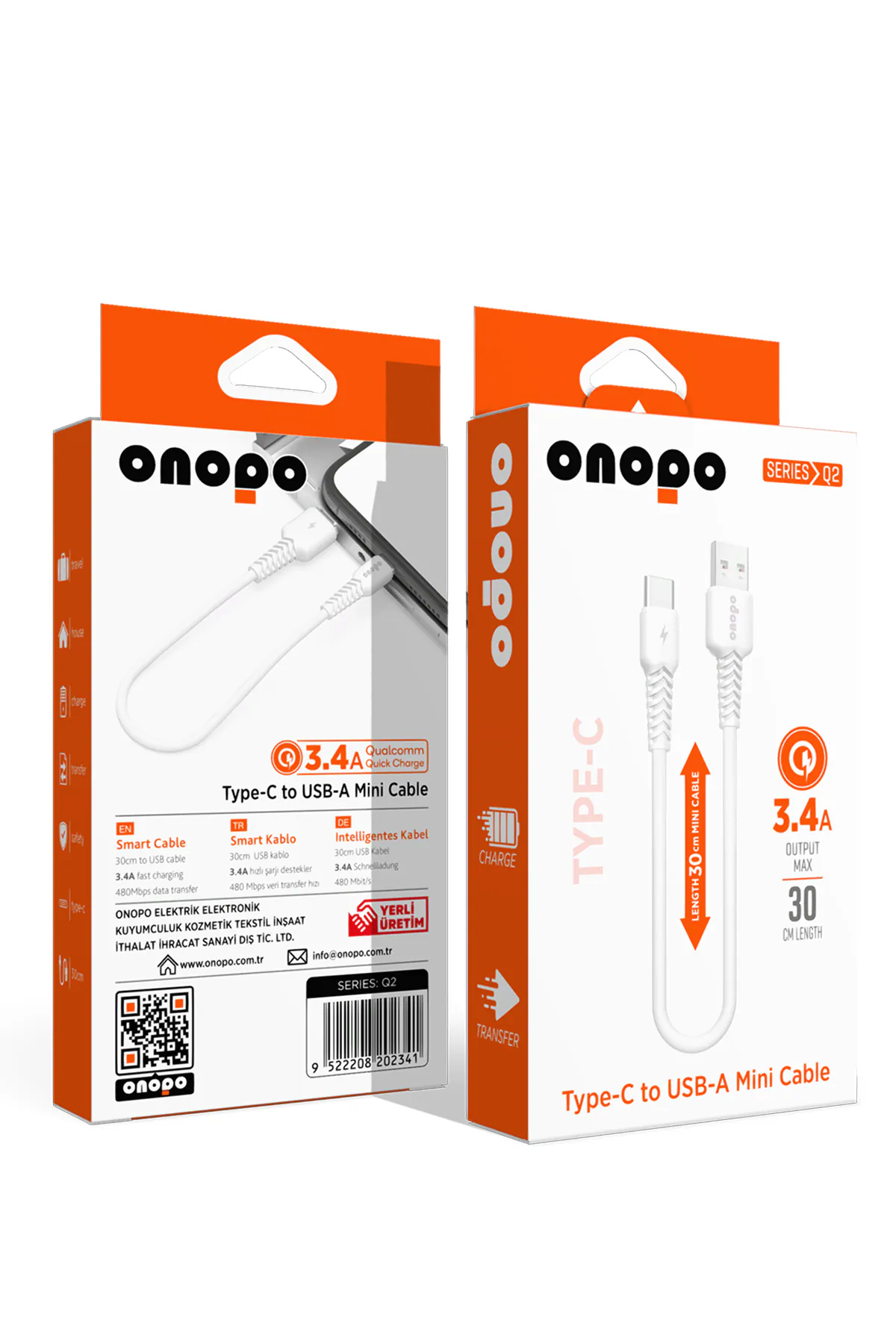 Onopo Android Xiaomi ve Samsung Uyumlu Type-C to USB Mini Kablo 3.4A Hızlı Şarj ve Data Kablosu 30CM - Q2 - görsel 1