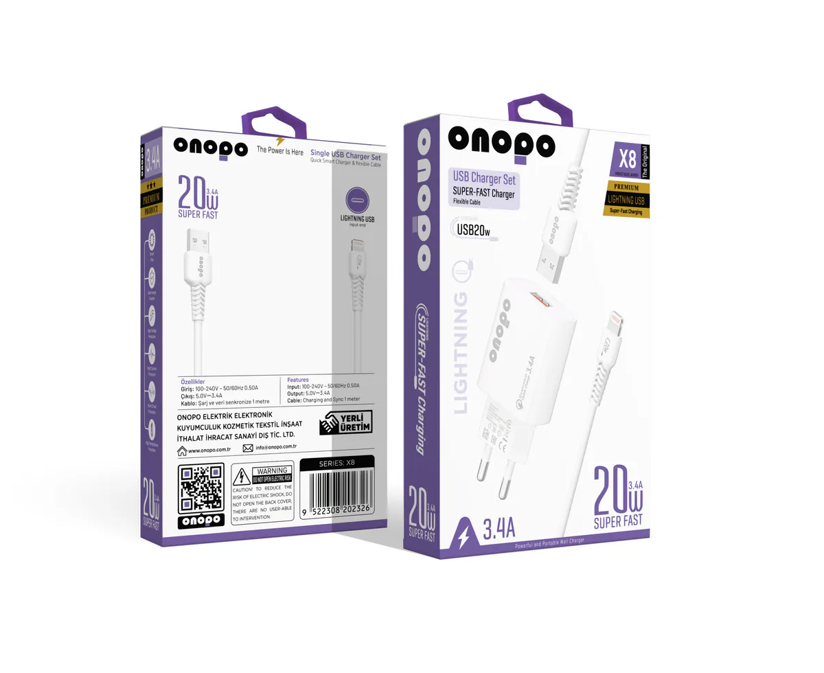 Onopo iPhone Apple Uyumlu Lightning USB 3.4A iPhone Hızlı Şarj Cihazı Uyumlu 18W - X8 - görsel 1