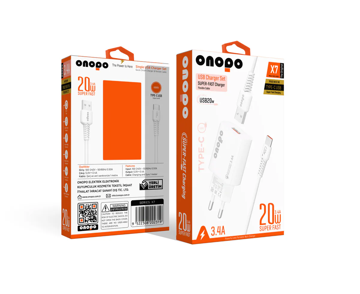 Onopo Android Xiaomi ve Samsung Uyumlu Hızlı Şarj Type-C USB 3.4A Hızlı Şarj Cihazı 20W - X7 - görsel 1