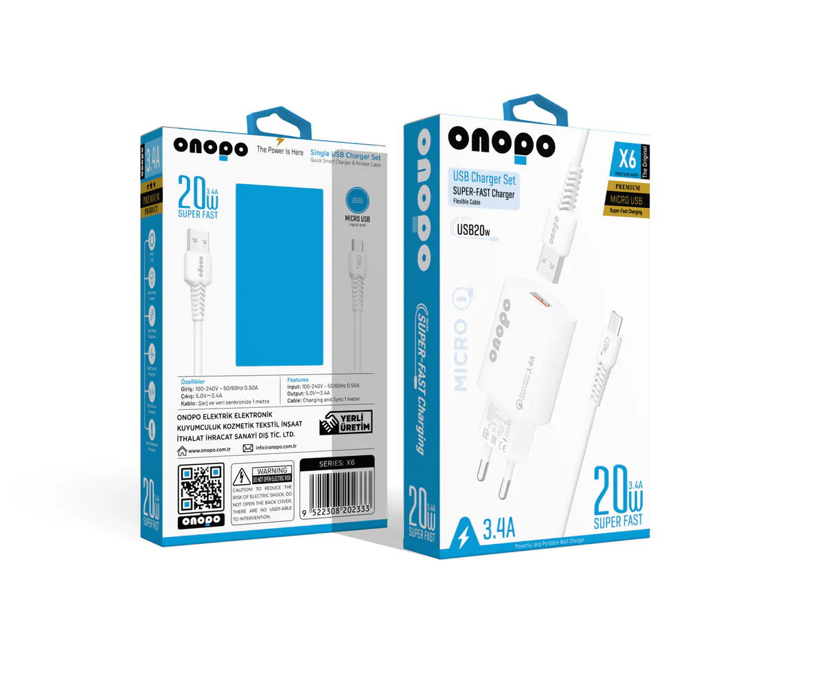 Onopo Android Xiaomi ve Samsung Uyumlu Hızlı Şarj Micro USB 3.4A Hızlı Şarj Cihazı 20W - X6 - görsel 1