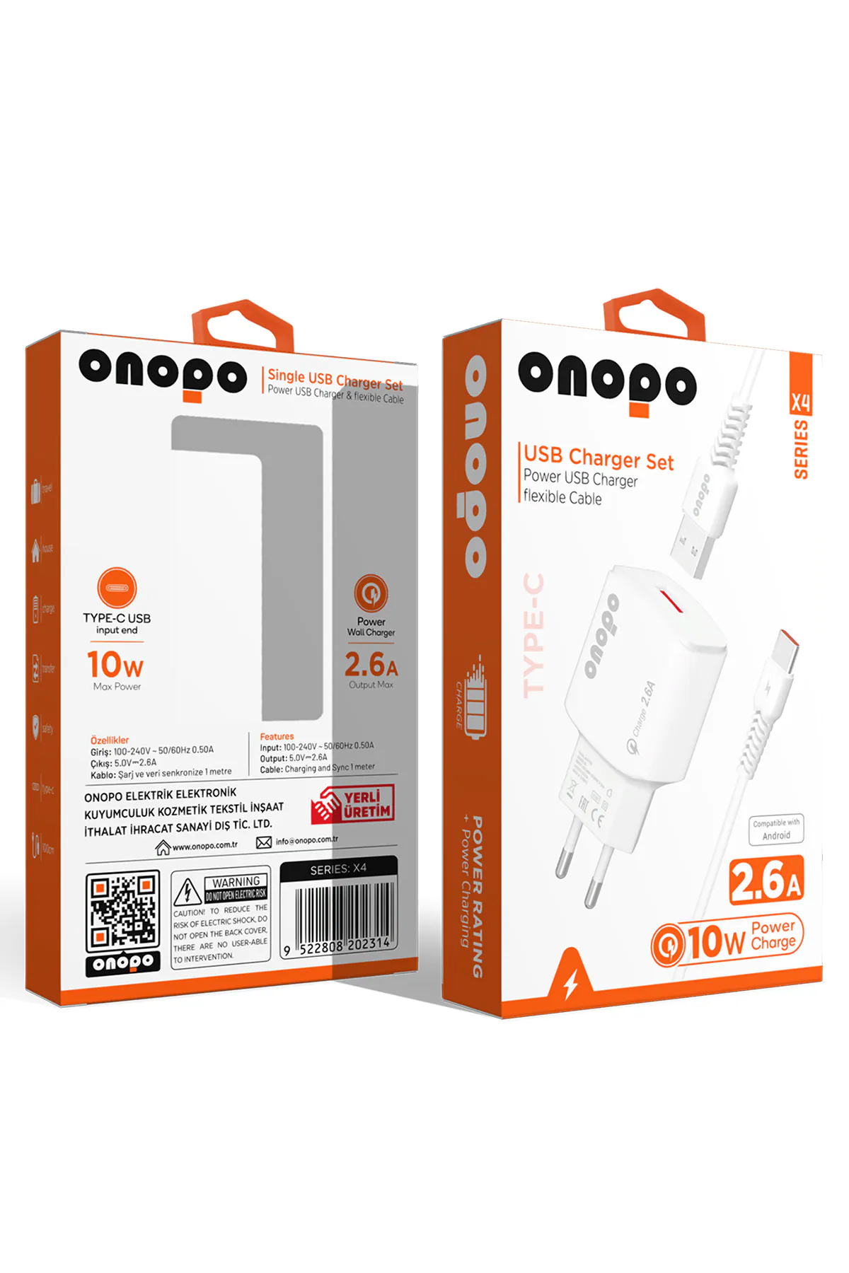 Onopo Android Xiaomi ve Samsung Uyumlu Hızlı Şarj Type-C USB 2.6A Hızlı Şarj Cihazı 10W - X4 - görsel 1