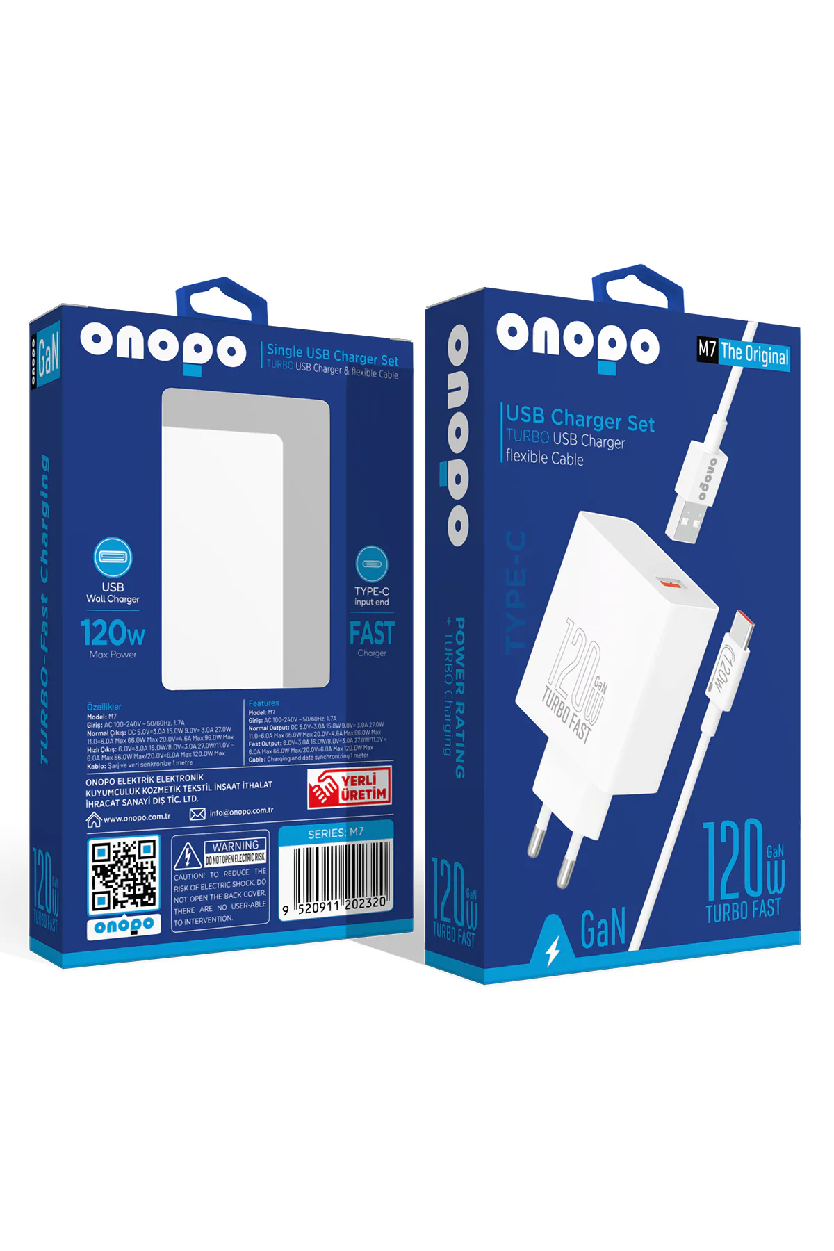 Onopo 120W USB Turbo Hızlı Şarj Aleti Seti Esnek Kablo Type-C - M7 - görsel 1