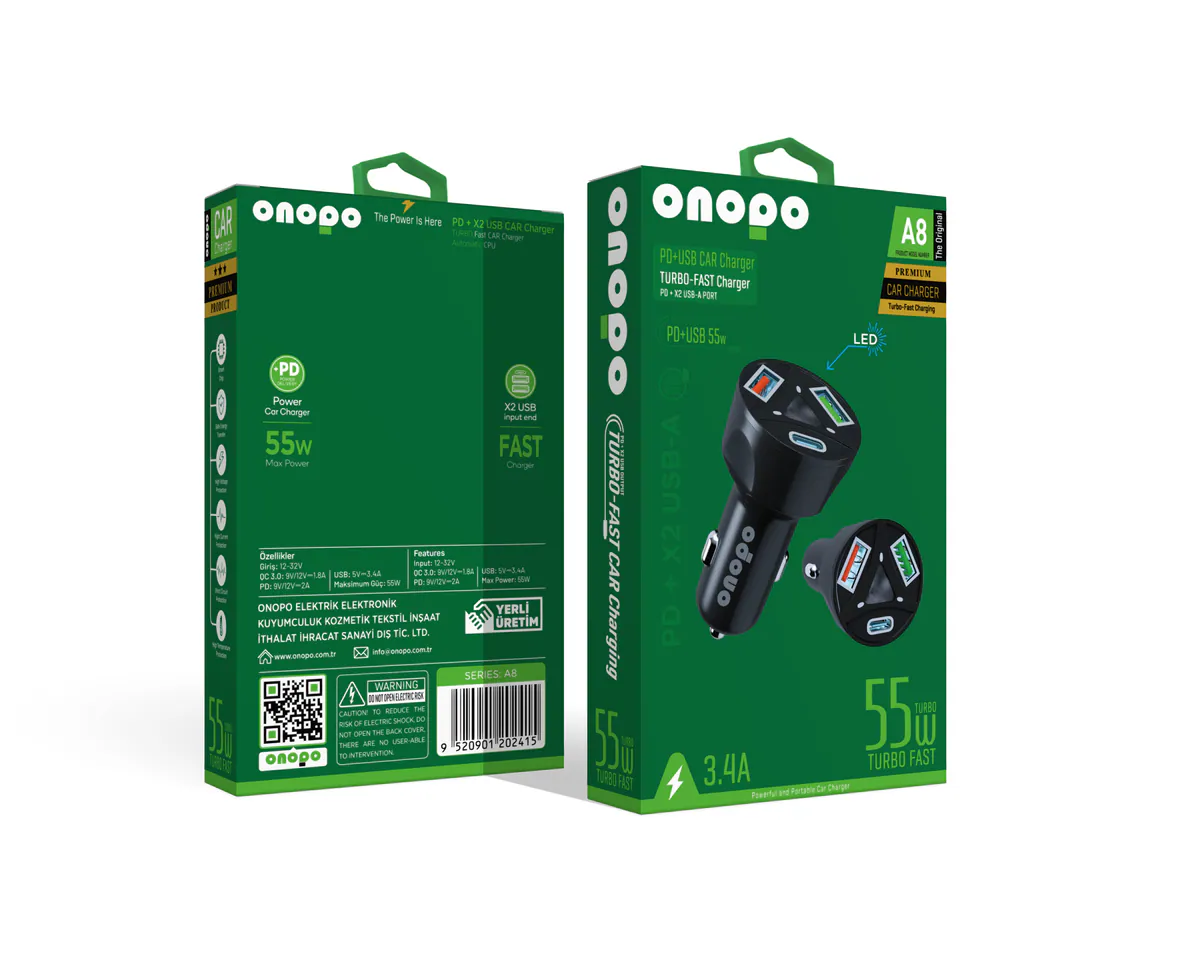 Onopo 3.4A Type-C (PD) ve Çift USB Girişli Turbo Hızlı Araç Şarjı 55W - A8 - görsel 1