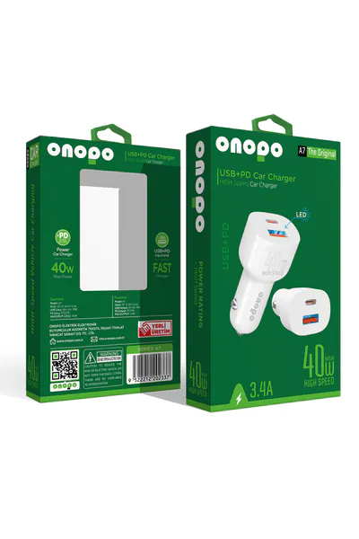 Onopo 3.4A Type-C (PD) ve USB Girişli Led Işıklı Turbo Hızlı Araç Şarjı 40W - A7