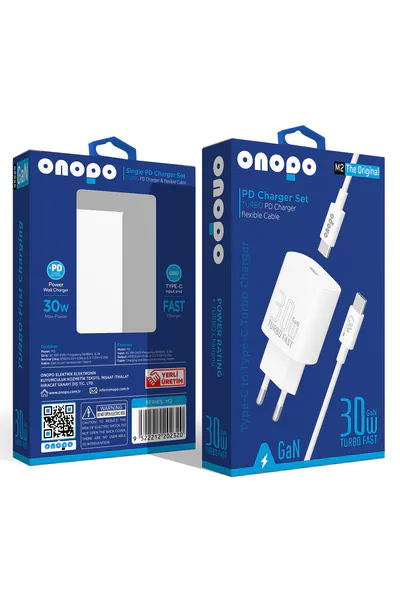 Onopo 30W Turbo PD Type-C Hızlı Şarj Cihazı Adaptör + Şarj Kablosu - M2