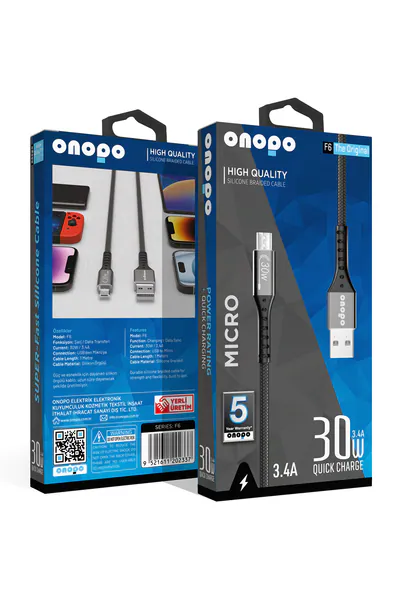 Onopo Android Xiaomi ve Samsung Uyumlu 3.4A Micro Örgülü Hızlı Şarj ve Data Kablosu 30W Metal Uçlu (5 Yıl Garanti Güvencesiyle) - F6