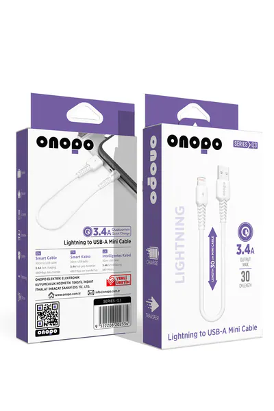 Onopo iPhone Apple Uyumlu Lightning to USB Mini Kablo 3.4A Hızlı Şarj ve Data Kablosu 30CM - Q3
